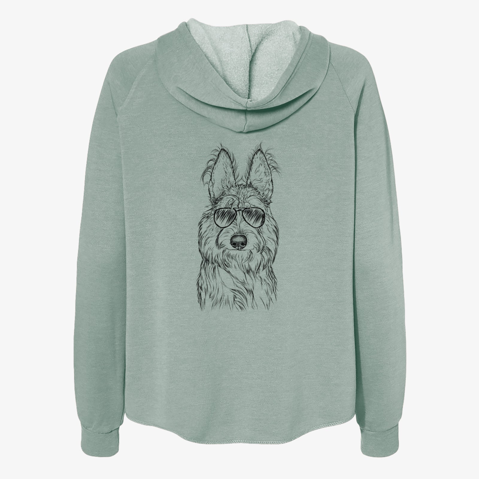 Hand-drawn sketch of Luna the Berger Picard wearing aviator sunglasses on a Sage Women's cali wave zip-up sweatshirt