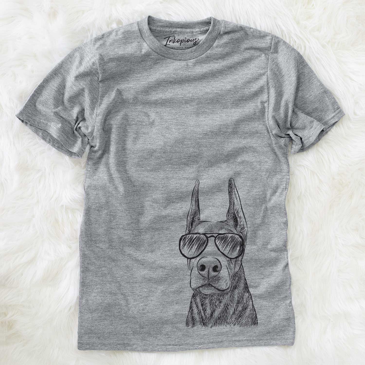 Hand-drawn sketch of Luna the Doberman Pinscher wearing aviator sunglasses on a Grey Unisex crewneck