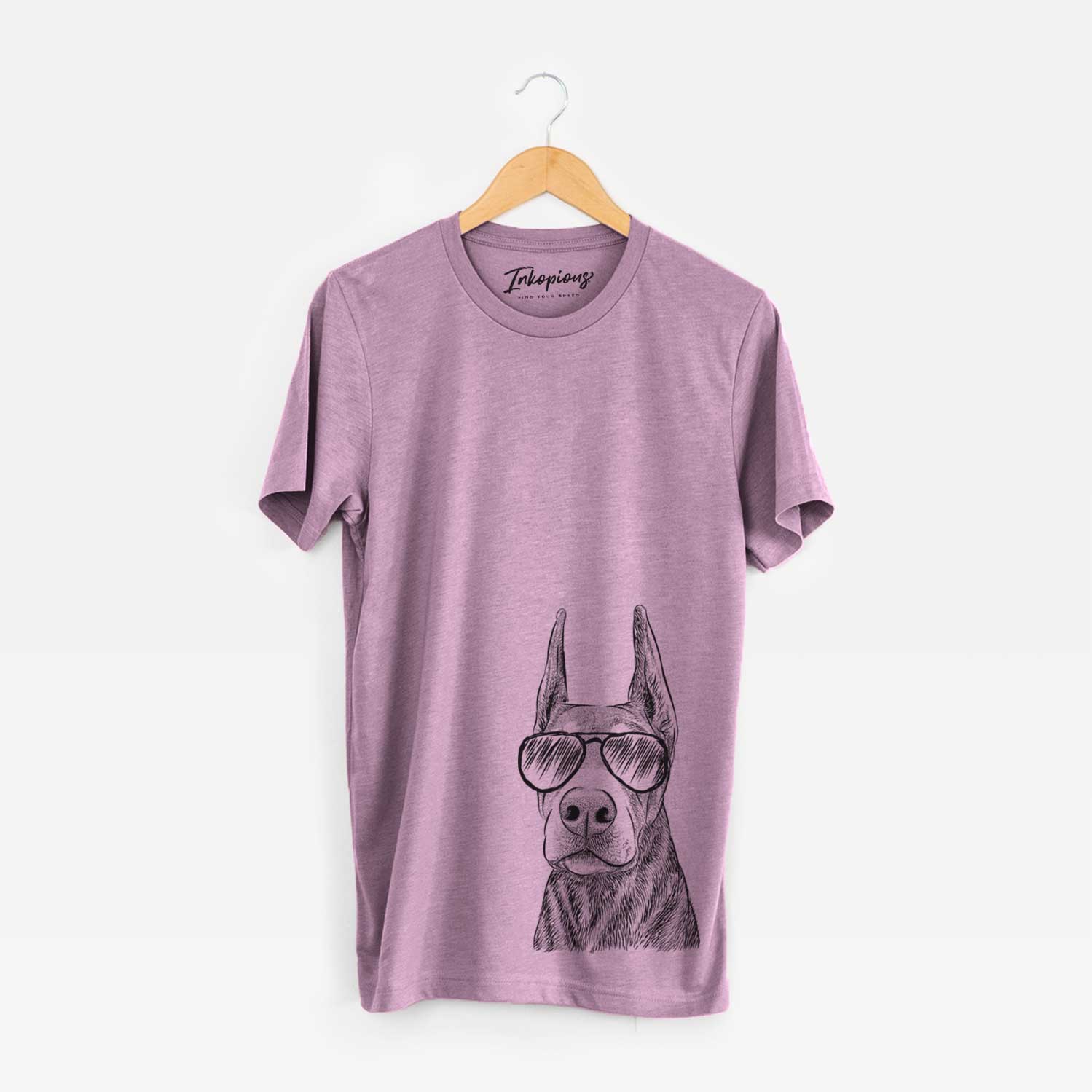 Hand-drawn sketch of Luna the Doberman Pinscher wearing aviator sunglasses on an Orchid Bella Canvas Unisex Crewneck