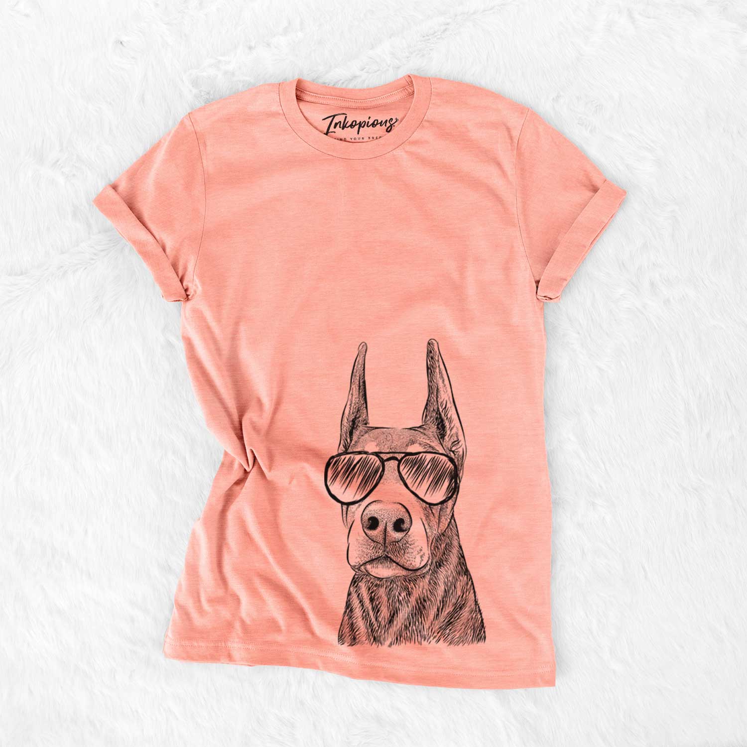 Hand-drawn sketch of Luna the Doberman Pinscher wearing aviator sunglasses on a Sunset Bella Canvas Unisex Crewneck