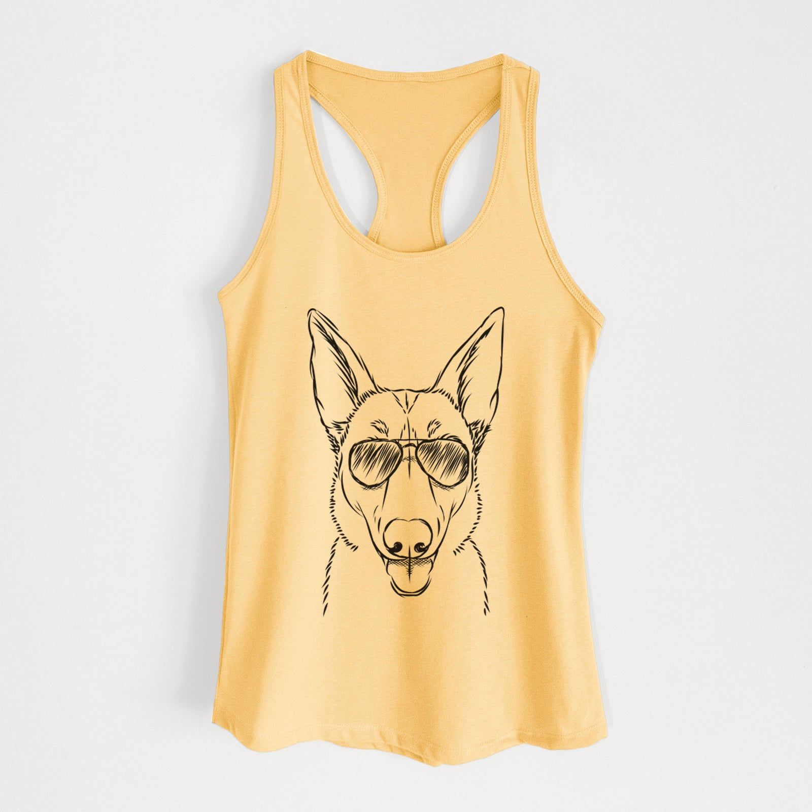 Hand-drawn sketch of Lyric the Belgian Malinois wearing aviator sunglasses on a Banana Cream Women's racerback tanktop