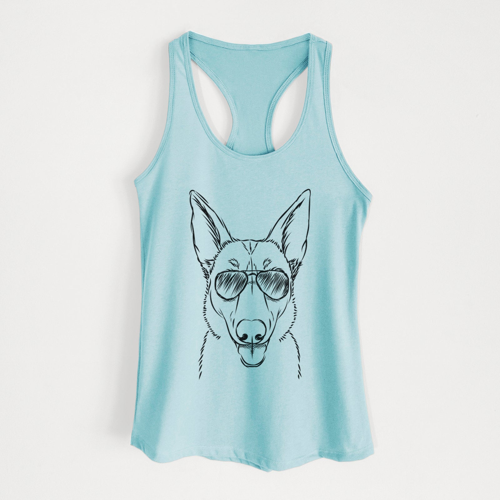 Hand-drawn sketch of Lyric the Belgian Malinois wearing aviator sunglasses on a Cancun Blue Women's racerback tanktop
