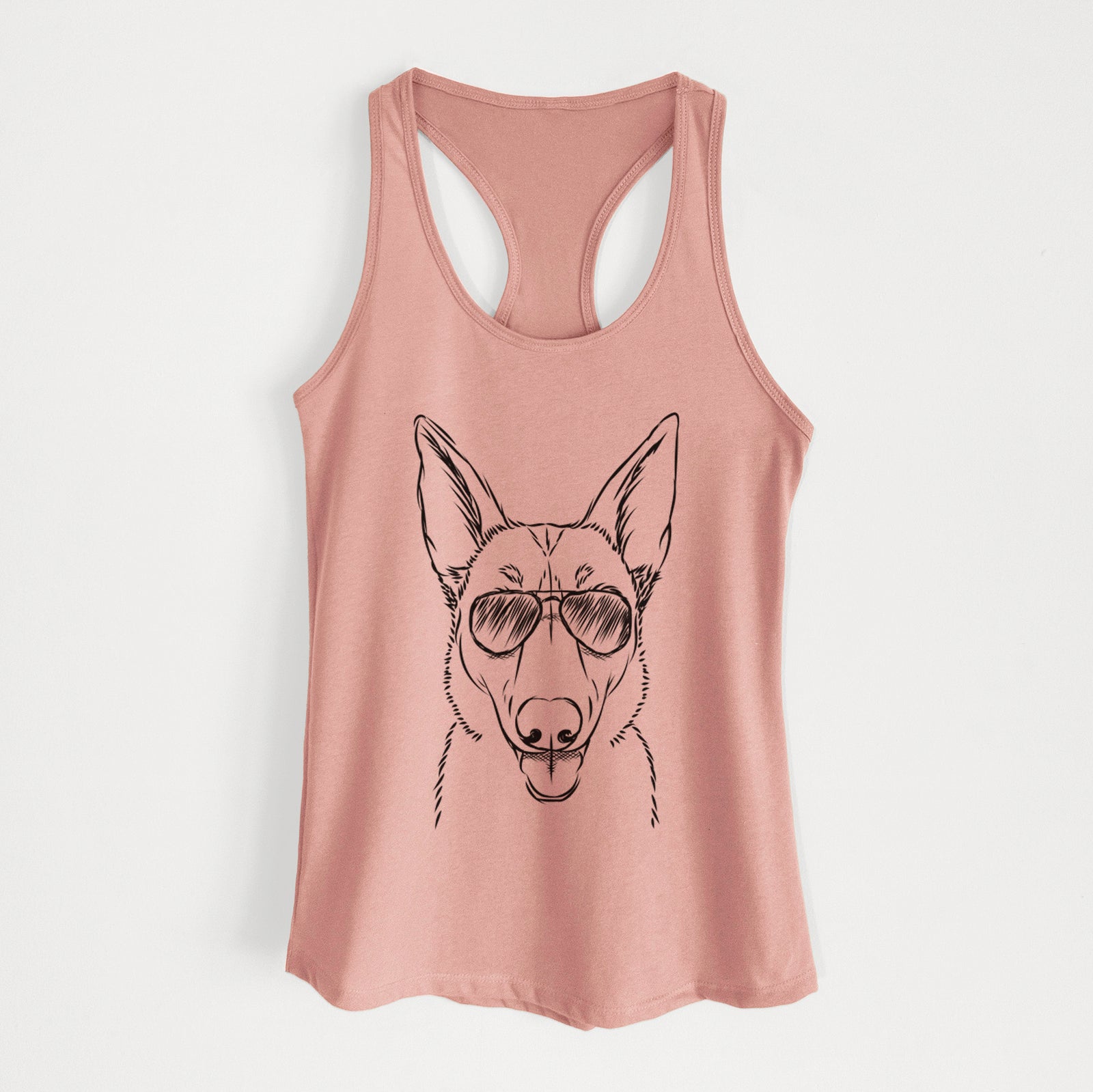 Hand-drawn sketch of Lyric the Belgian Malinois wearing aviator sunglasses on a Desert Pink Women's racerback tanktop