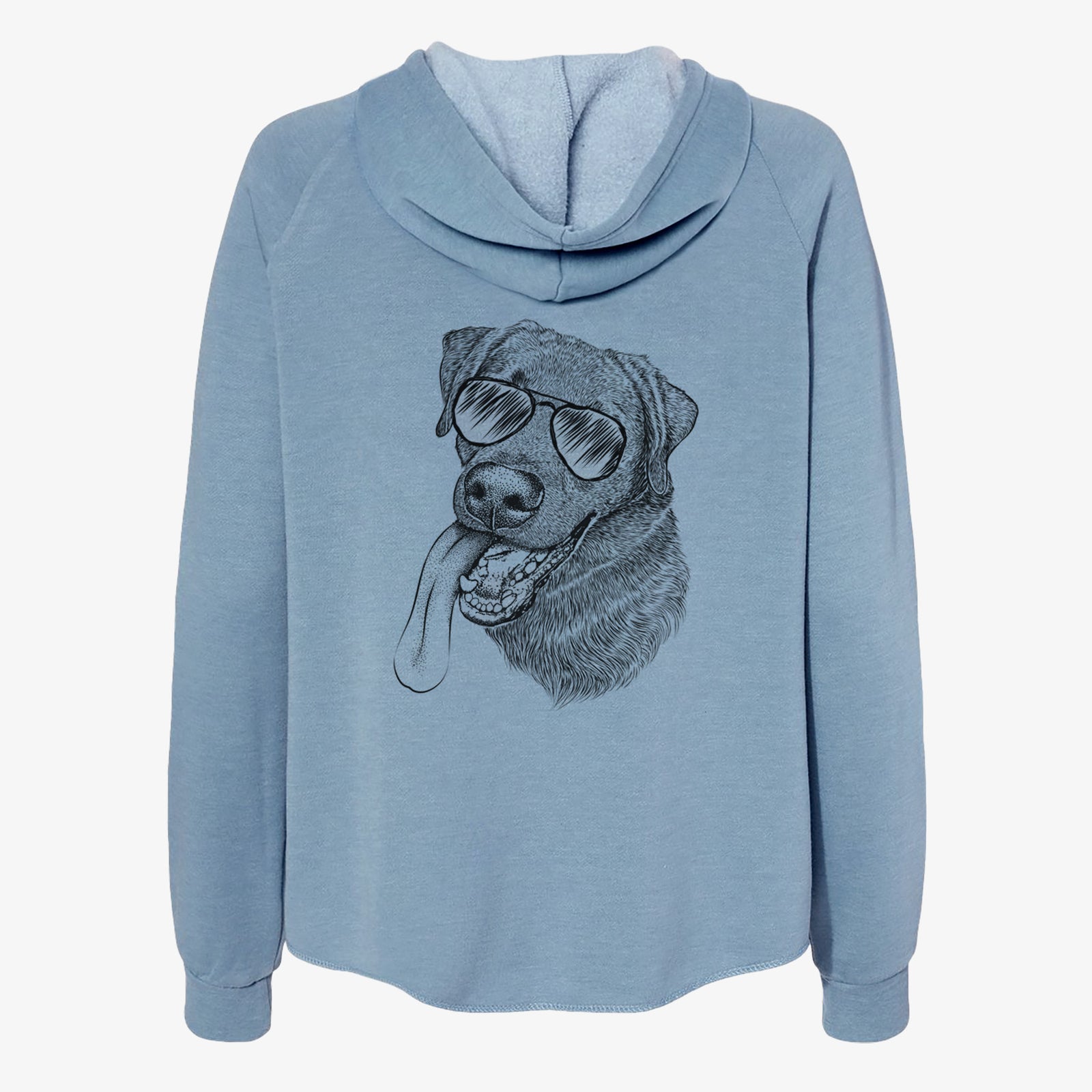 Hand-drawn sketch of Macaroni the Lab Mix wearing aviator sunglasses on a Misty Blue Women's cali wave zip-up sweatshirt