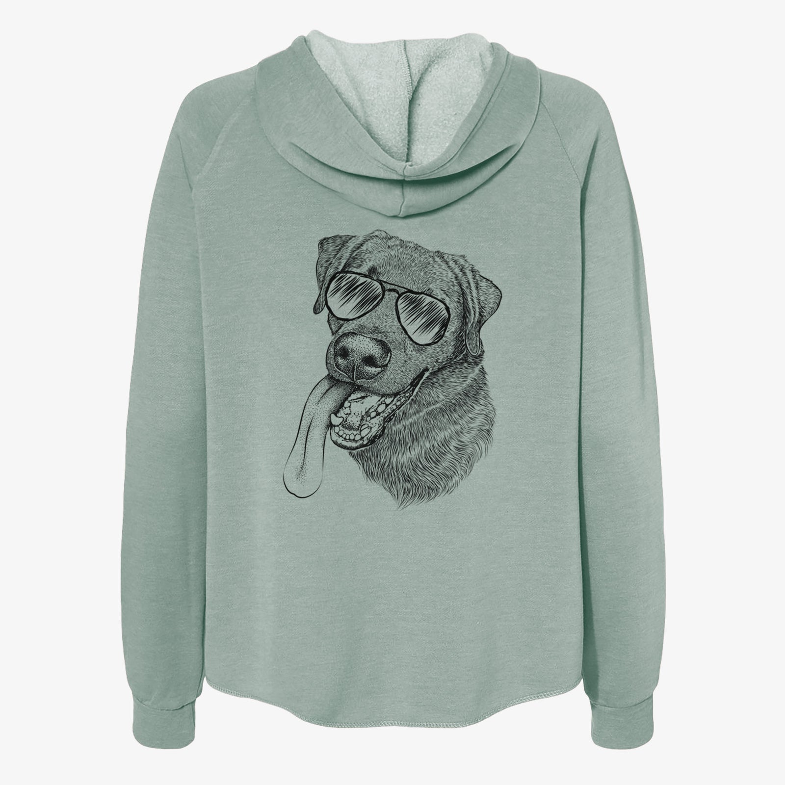 Hand-drawn sketch of Macaroni the Lab Mix wearing aviator sunglasses on a Sage Women's cali wave zip-up sweatshirt