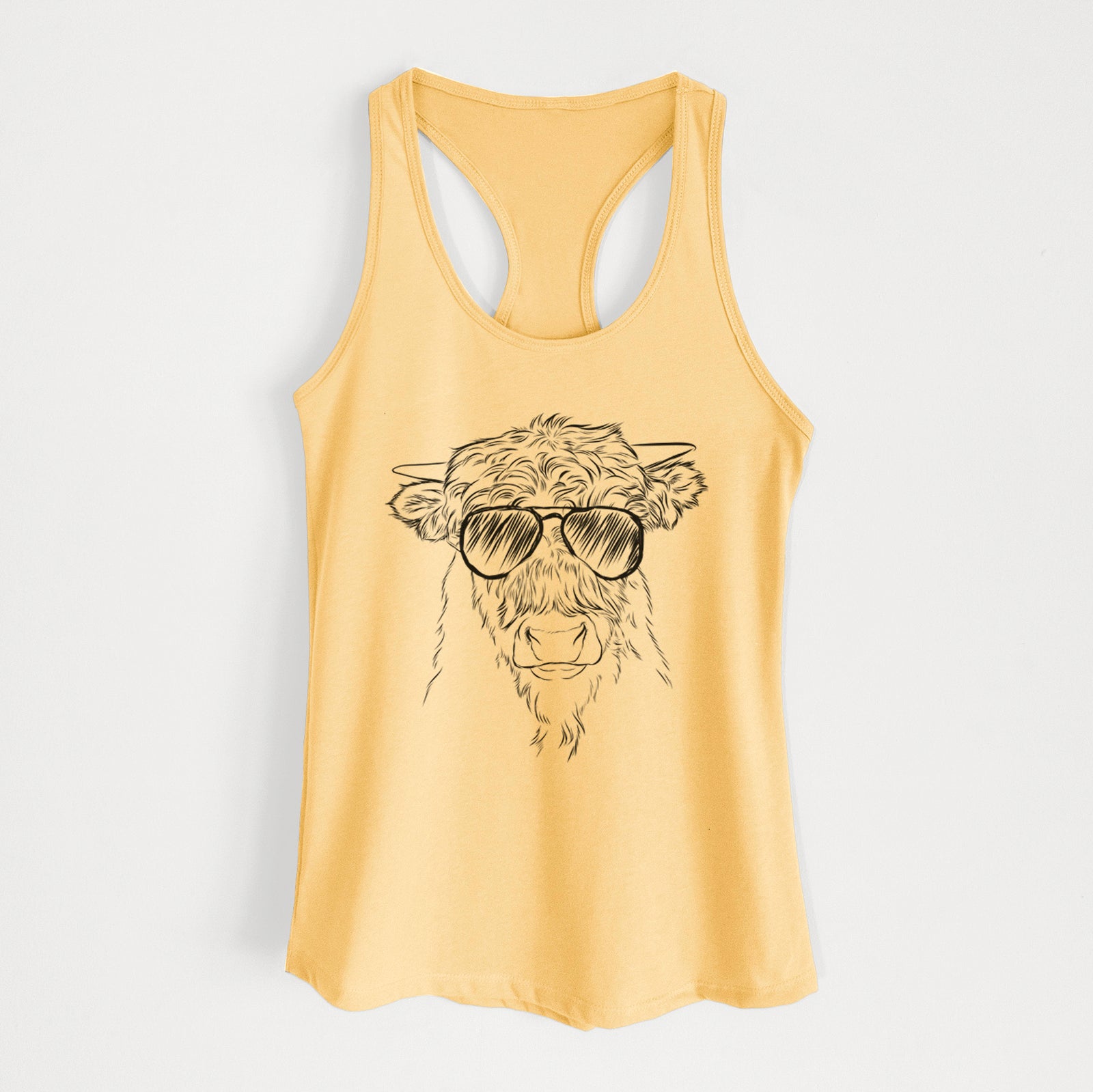 Hand-drawn sketch of Mack the Scottish Highland Cow wearing aviator sunglasses on a Banana Cream Women's racerback tanktop