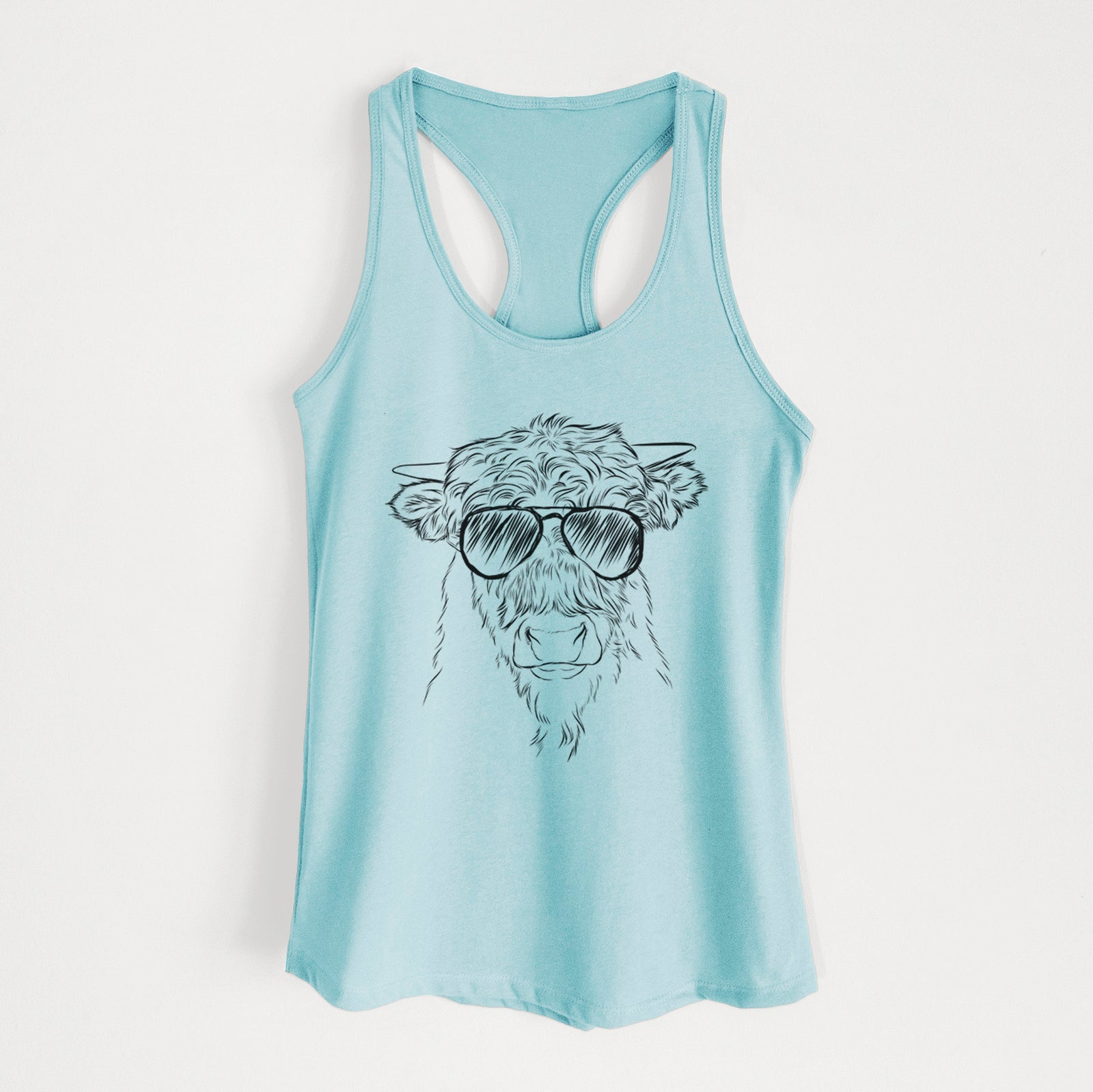 Hand-drawn sketch of Mack the Scottish Highland Cow wearing aviator sunglasses on a Cancun Blue Women's racerback tanktop
