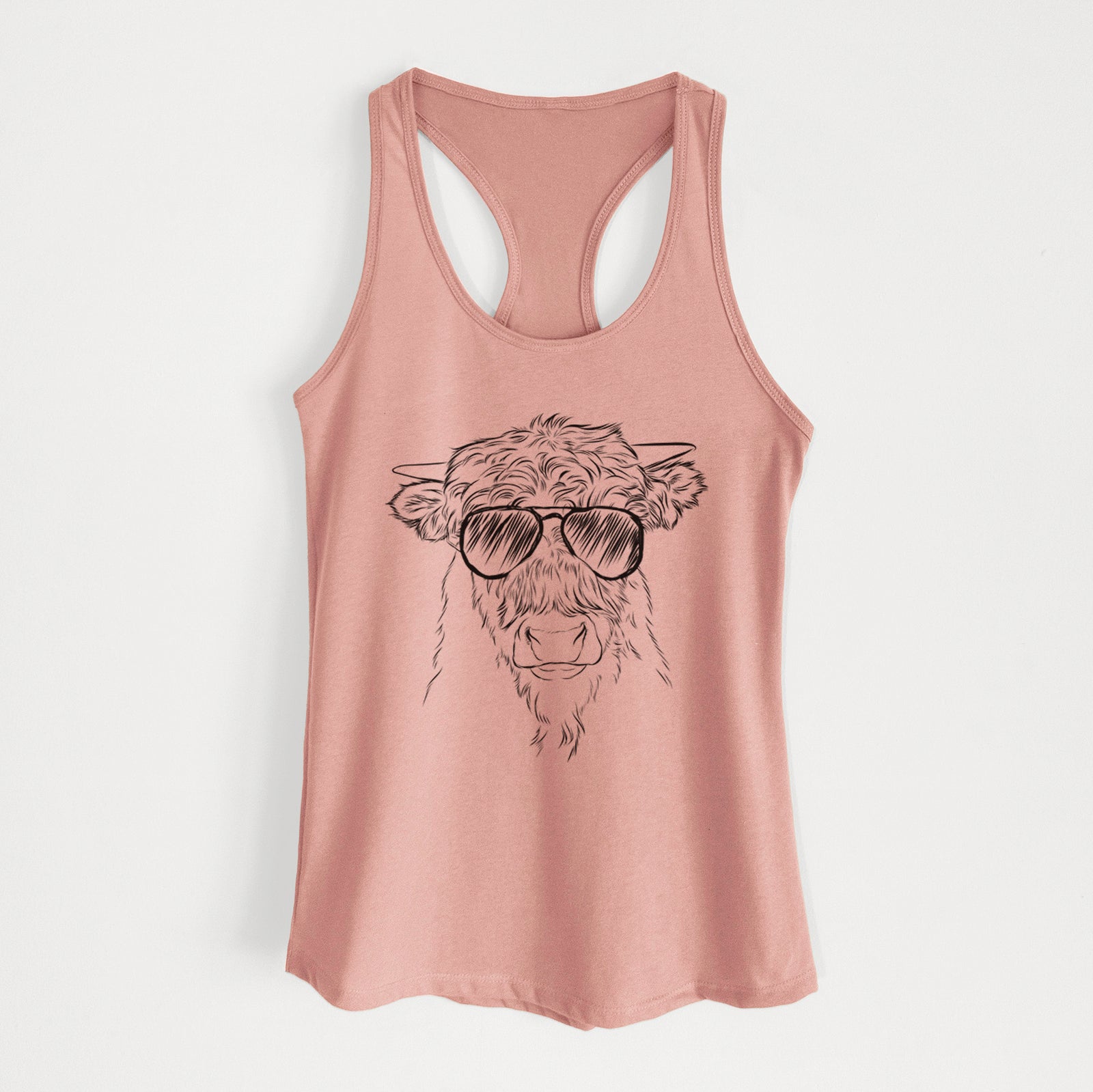 Hand-drawn sketch of Mack the Scottish Highland Cow wearing aviator sunglasses on a Desert Pink Women's racerback tanktop