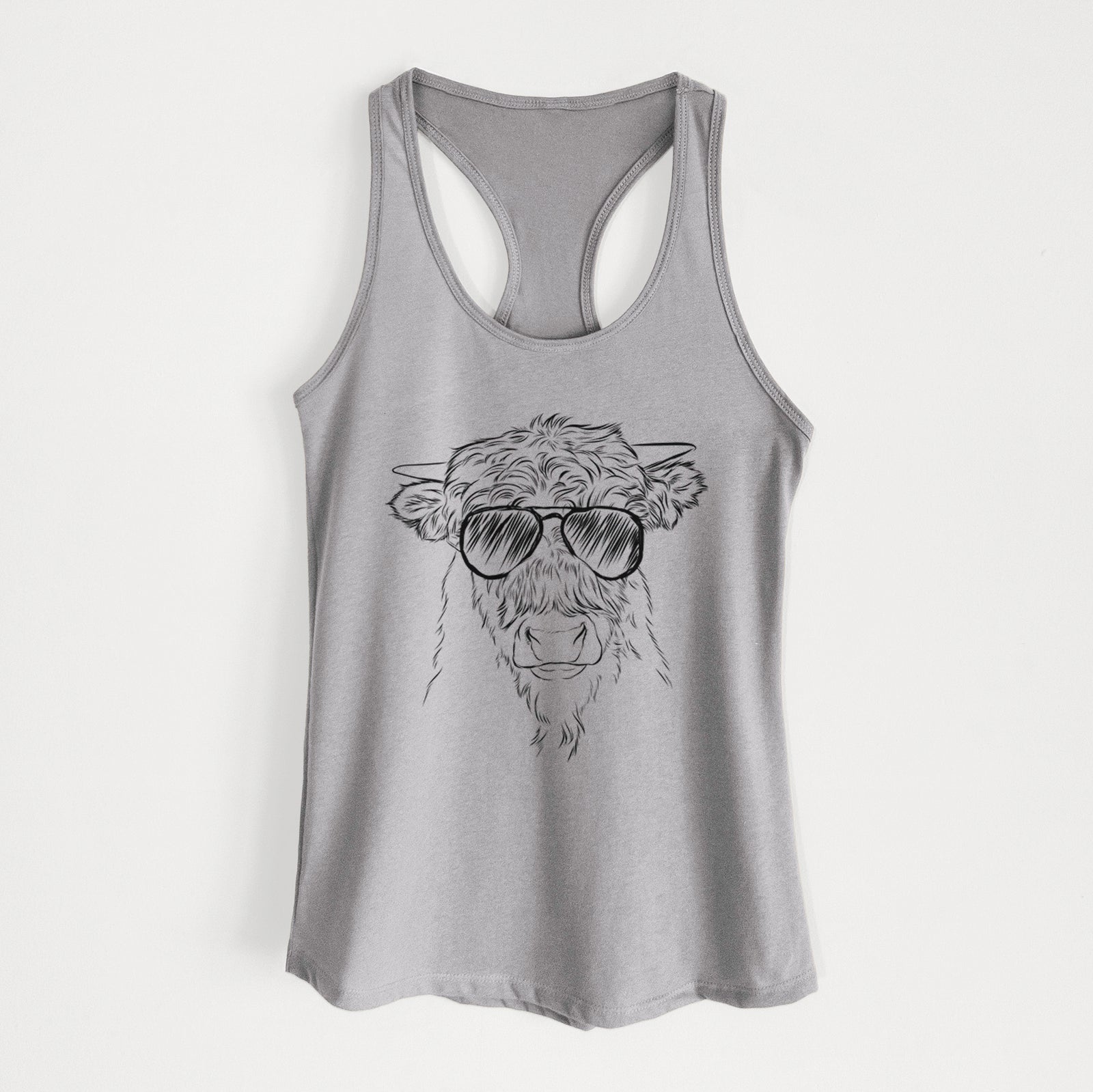 Hand-drawn sketch of Mack the Scottish Highland Cow wearing aviator sunglasses on a Heather Grey Women's racerback tanktop