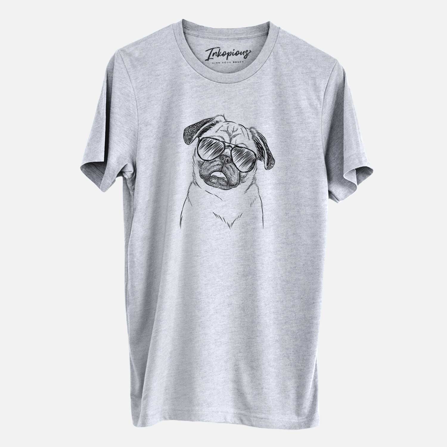 Hand-drawn sketch of Macy the Pug wearing aviator sunglasses on a Grey Unisex crewneck