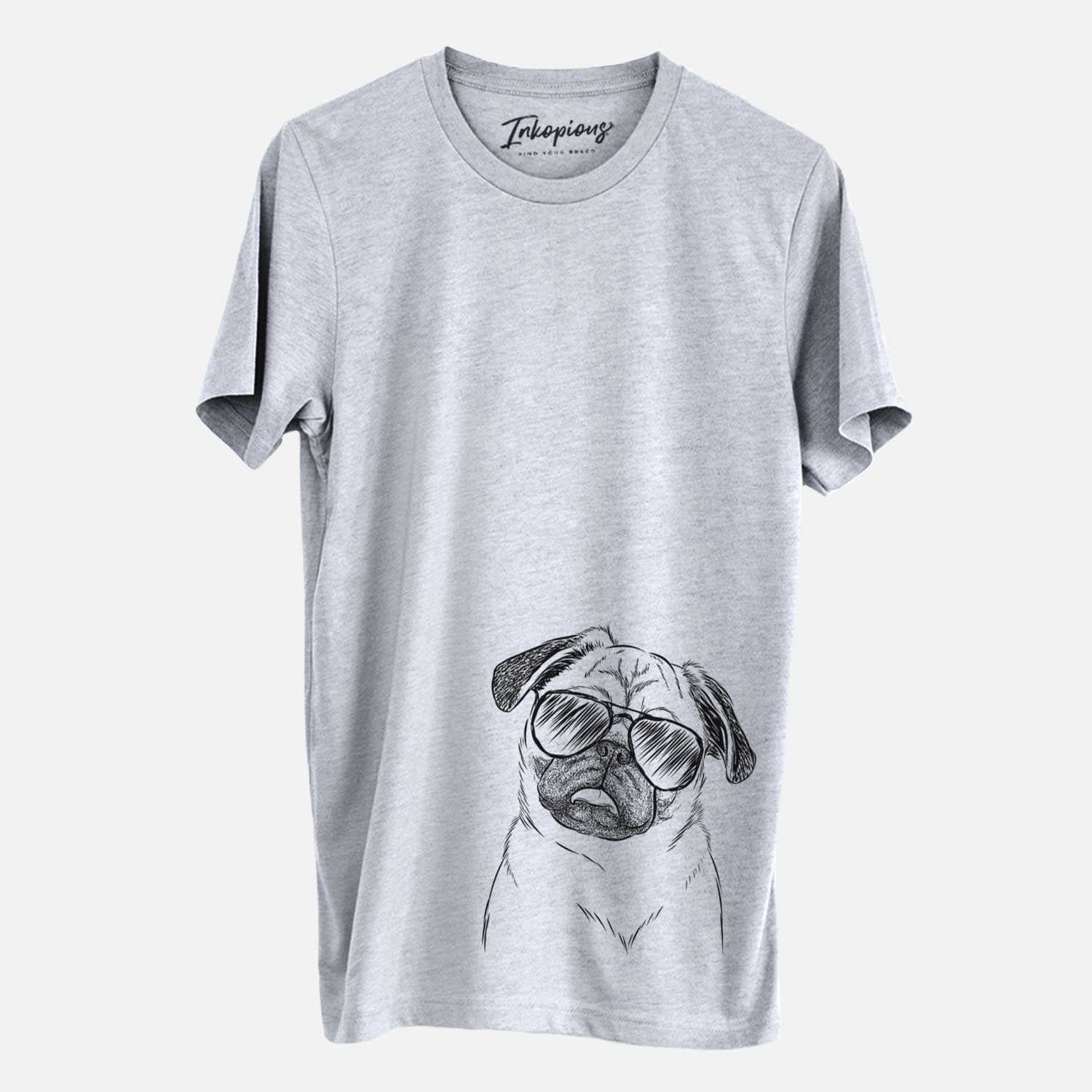 Hand-drawn sketch of Macy the Pug wearing aviator sunglasses on a Grey Unisex crewneck