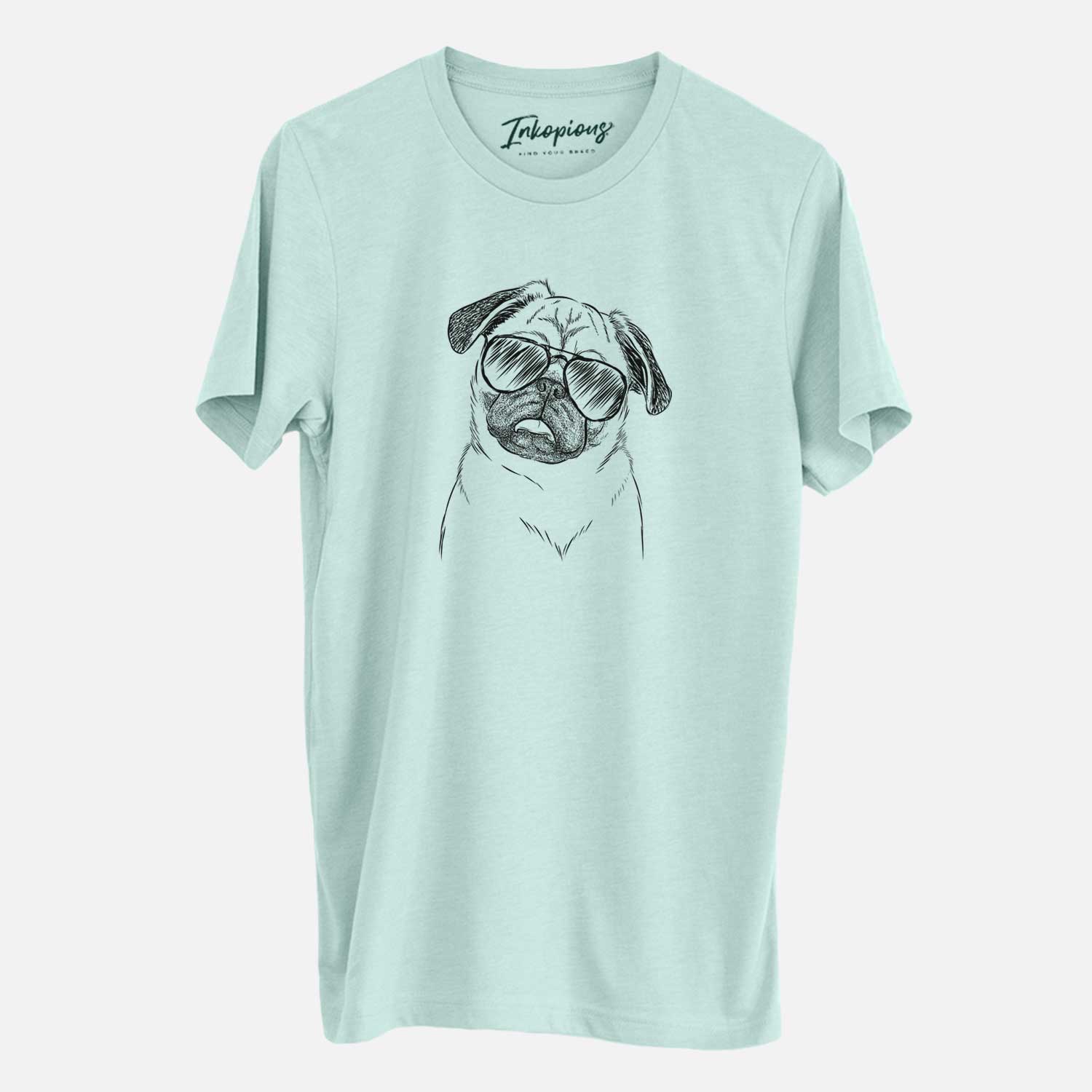 Hand-drawn sketch of Macy the Pug wearing aviator sunglasses on a Heather Sage Unisex crewneck