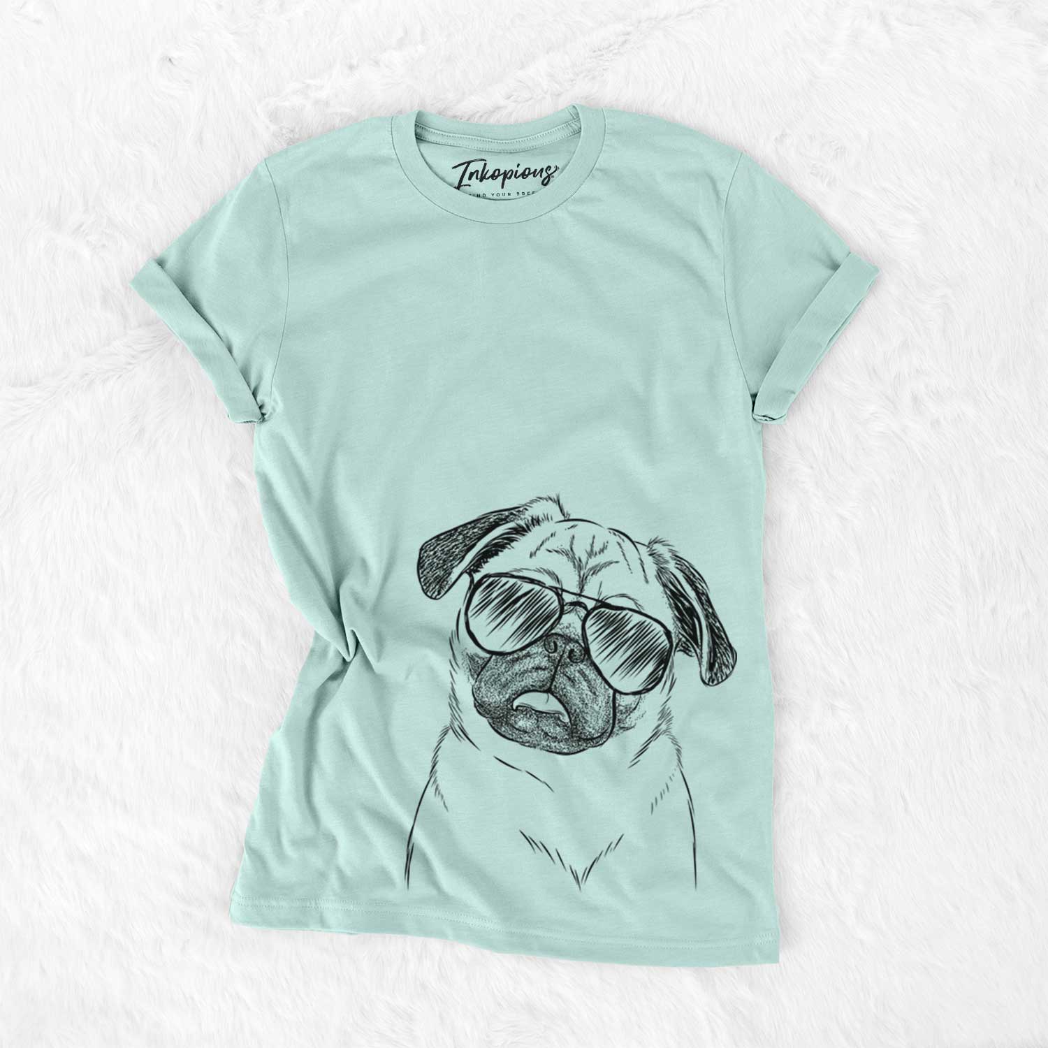 Hand-drawn sketch of Macy the Pug wearing aviator sunglasses on a Heather Sage Unisex crewneck