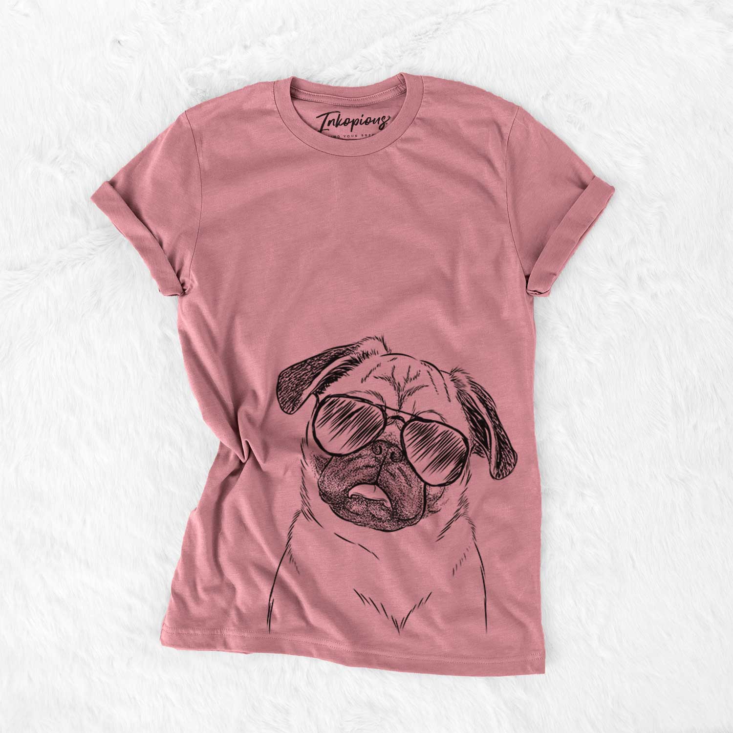 Hand-drawn sketch of Macy the Pug wearing aviator sunglasses on a Mauve Bella Canvas Unisex Crewneck