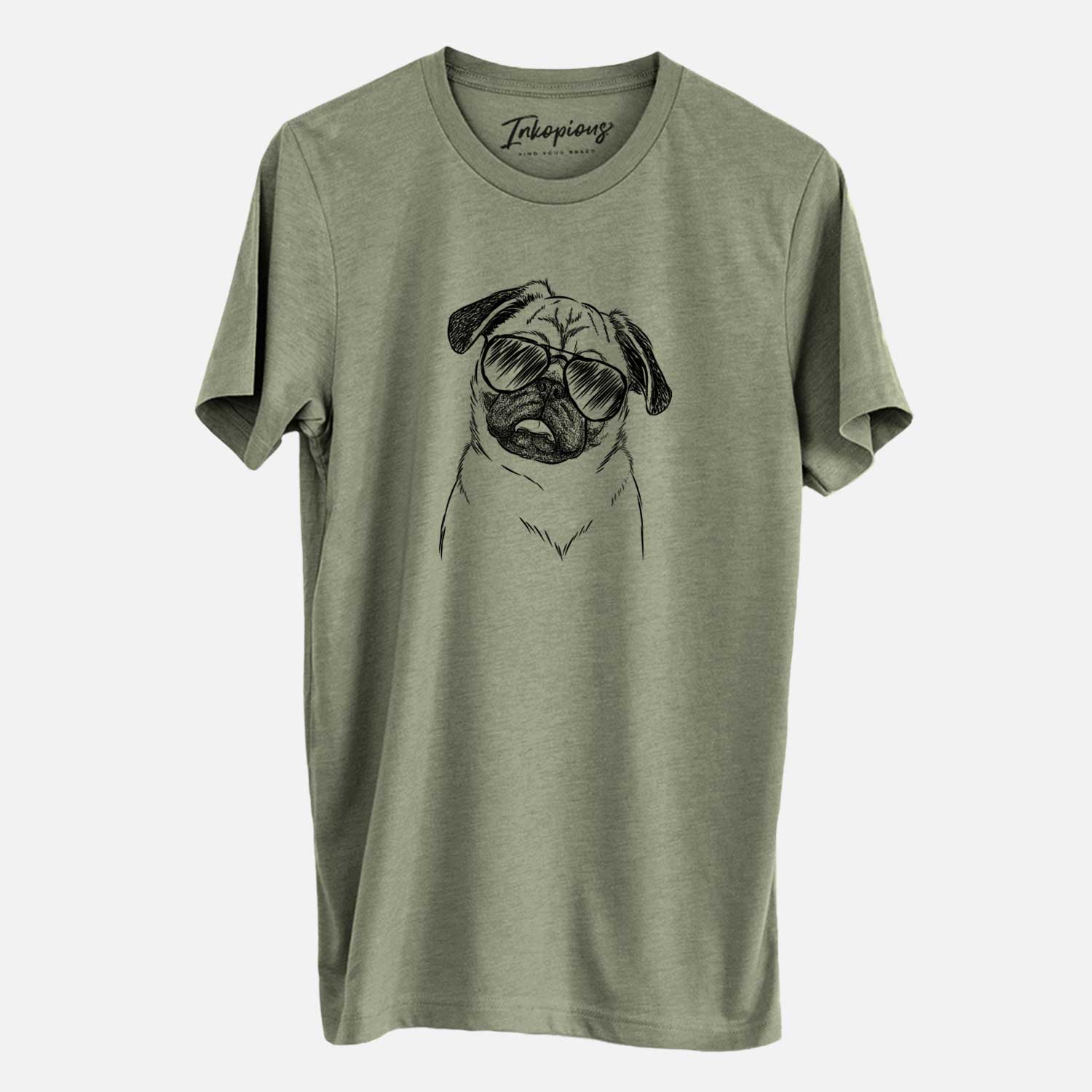 Hand-drawn sketch of Macy the Pug wearing aviator sunglasses on an Olive Unisex crewneck