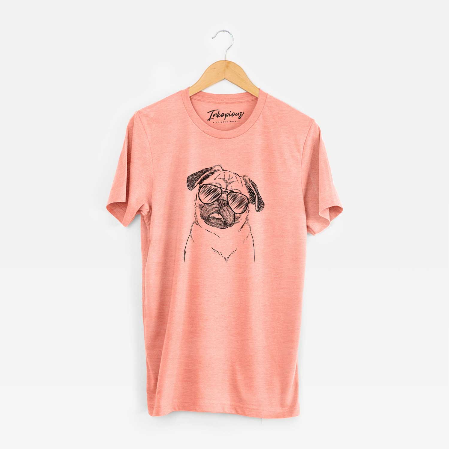Hand-drawn sketch of Macy the Pug wearing aviator sunglasses on a Sunset Unisex crewneck