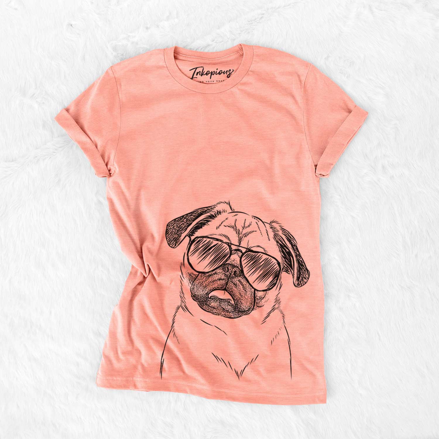 Hand-drawn sketch of Macy the Pug wearing aviator sunglasses on a Sunset Bella Canvas Unisex Crewneck
