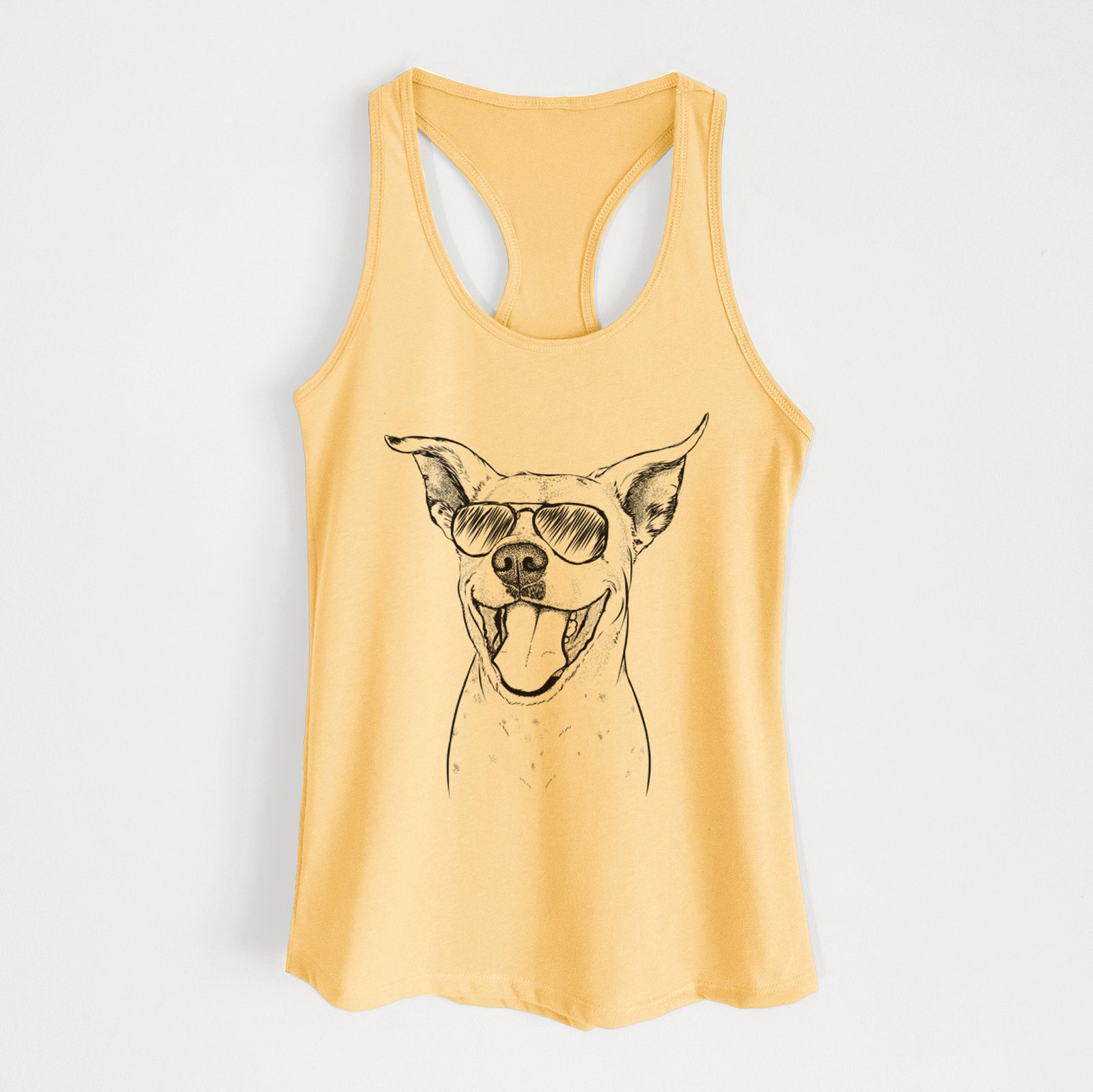 Hand-drawn sketch of Maddie the Dalmatian Pitbull Mix wearing aviator sunglasses on a Banana Cream Women's racerback tanktop