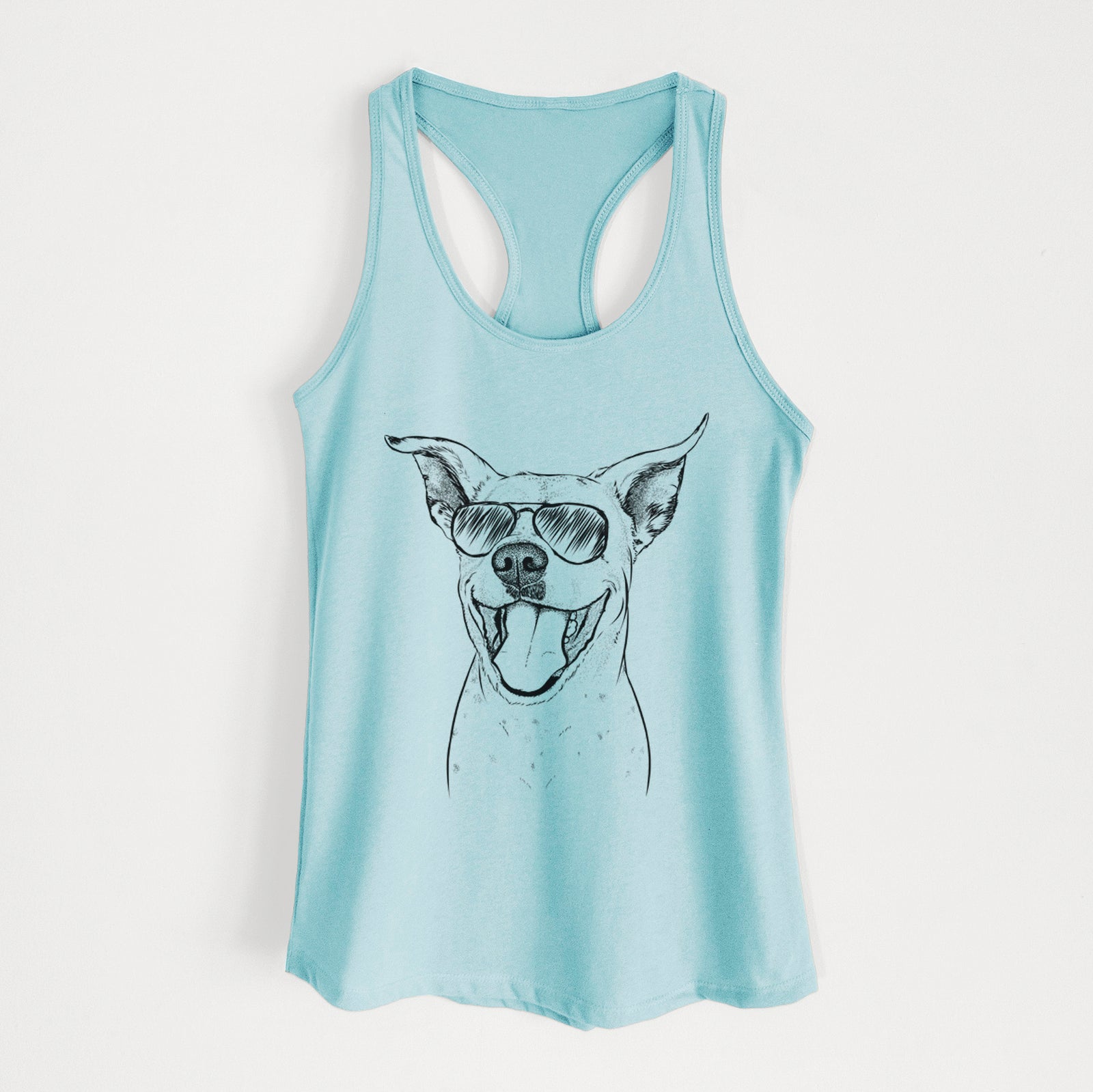 Hand-drawn sketch of Maddie the Dalmatian Pitbull Mix wearing aviator sunglasses on a Cancun Blue Women's racerback tanktop