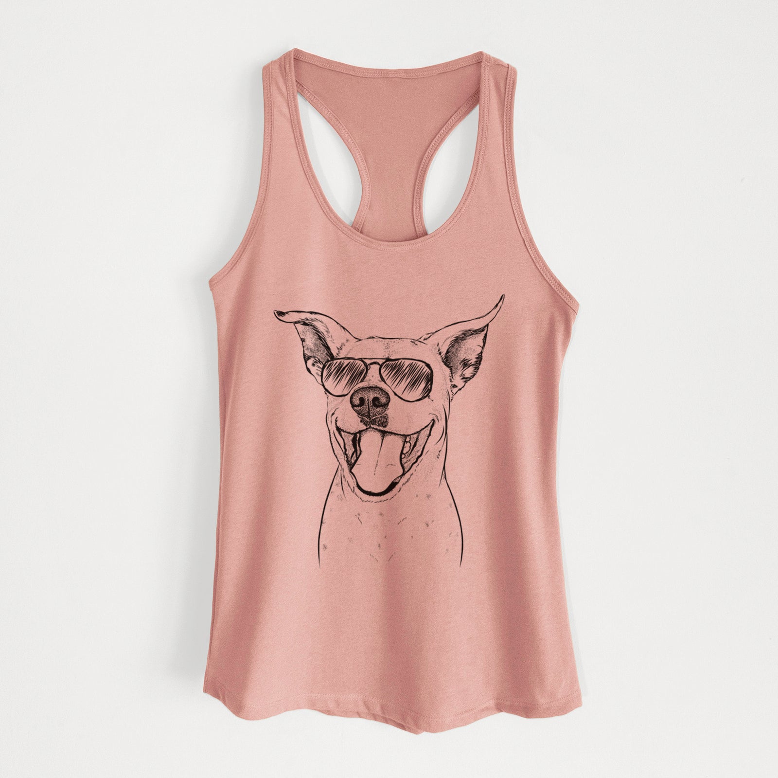 Hand-drawn sketch of Maddie the Dalmatian Pitbull Mix wearing aviator sunglasses on a Desert Pink Women's racerback tanktop