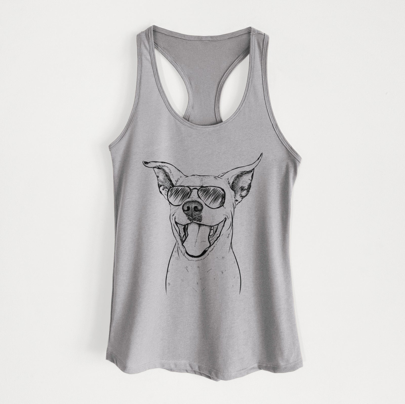 Hand-drawn sketch of Maddie the Dalmatian Pitbull Mix wearing aviator sunglasses on a Heather Grey Women's racerback tanktop