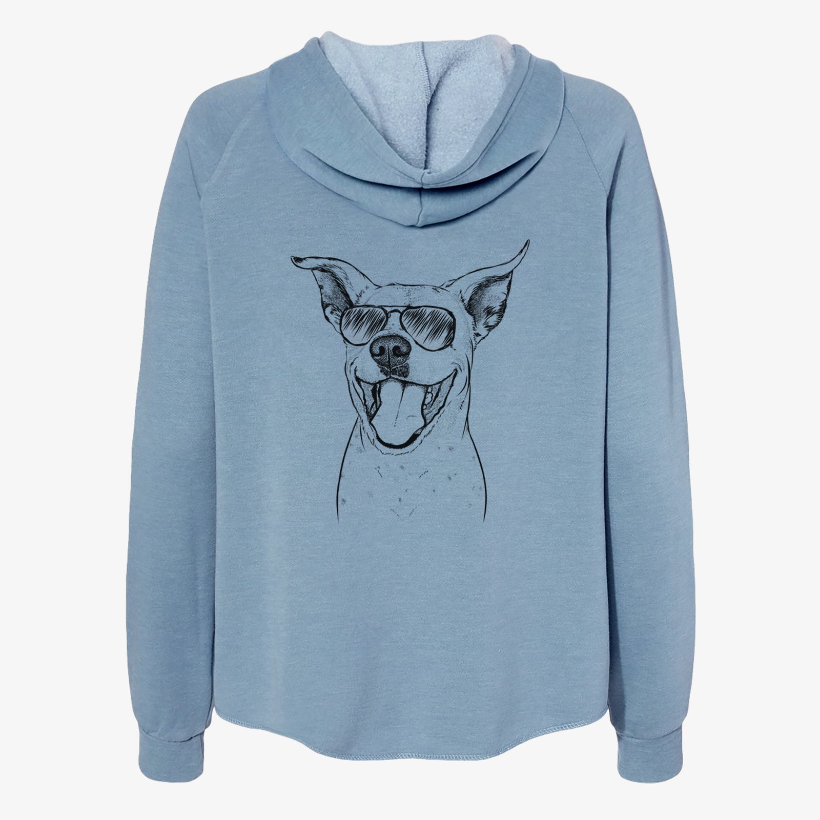 Hand-drawn sketch of Maddie the Dalmatian Pitbull Mix wearing aviator sunglasses on a Misty Blue Women's cali wave zip-up sweatshirt