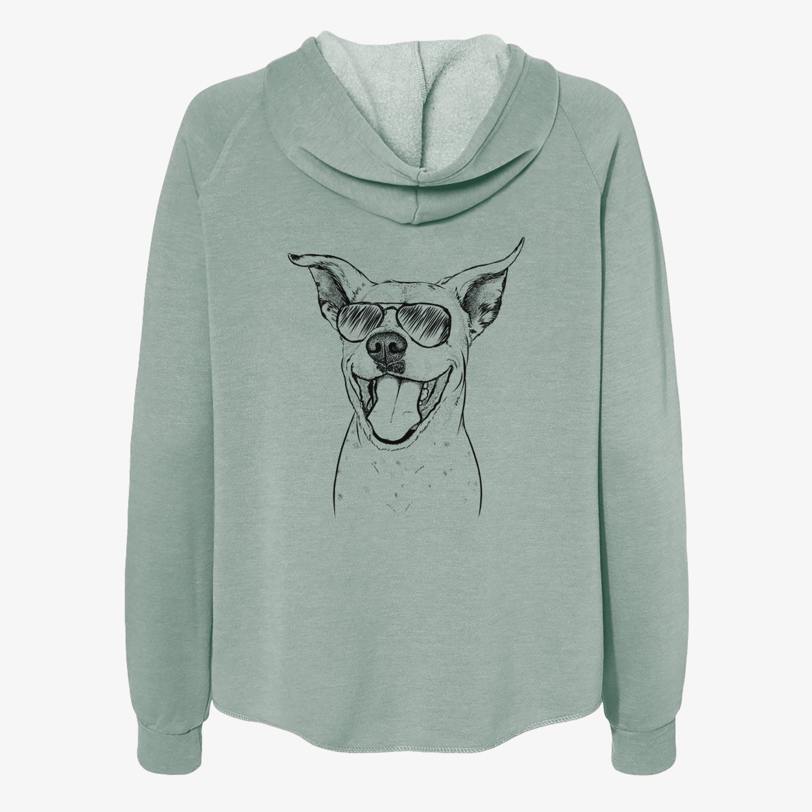 Hand-drawn sketch of Maddie the Dalmatian Pitbull Mix wearing aviator sunglasses on a Sage Women's cali wave zip-up sweatshirt