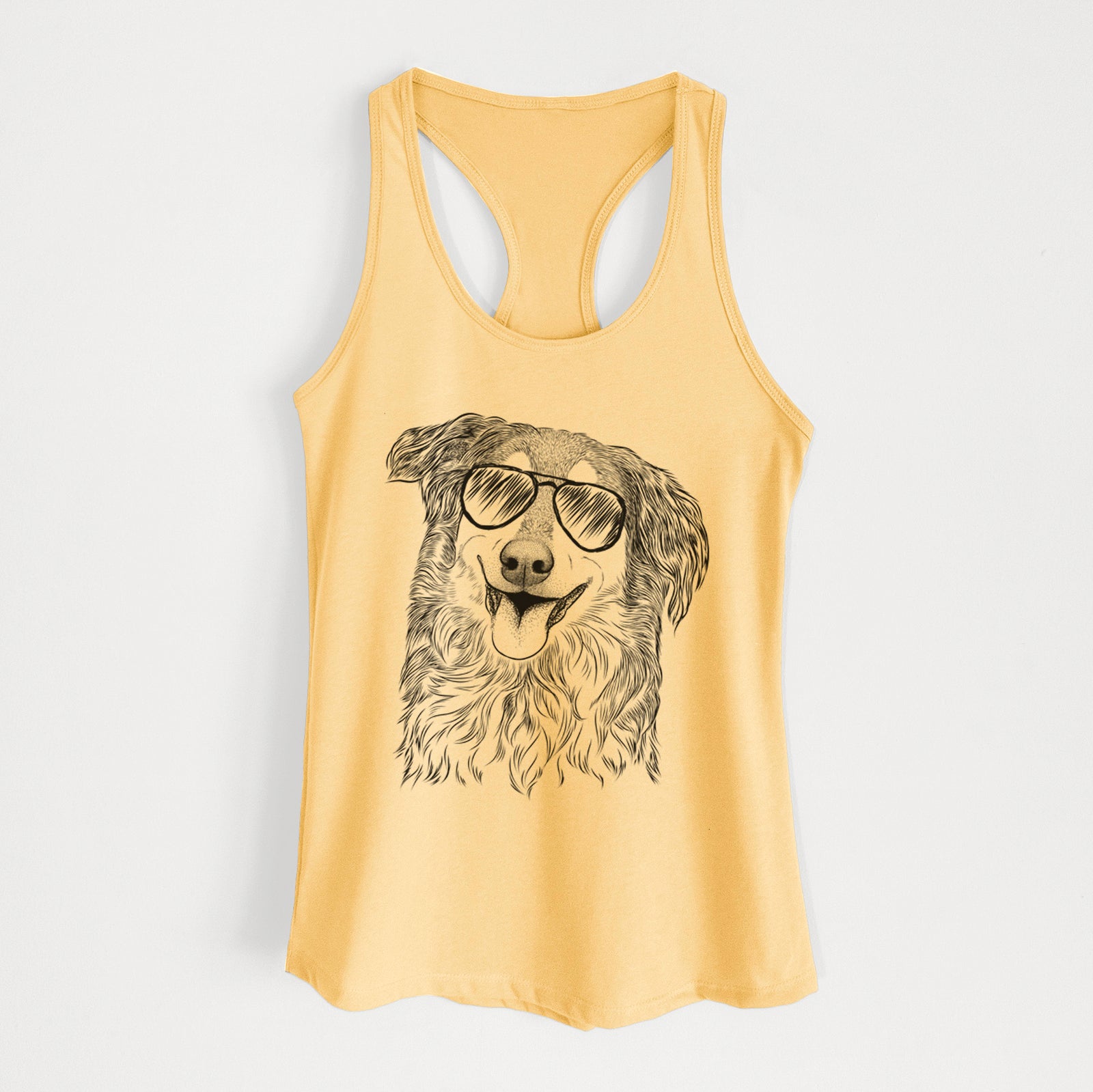 Hand-drawn sketch of Maddie the English Shepherd wearing aviator sunglasses on a Banana Cream Women's racerback tanktop