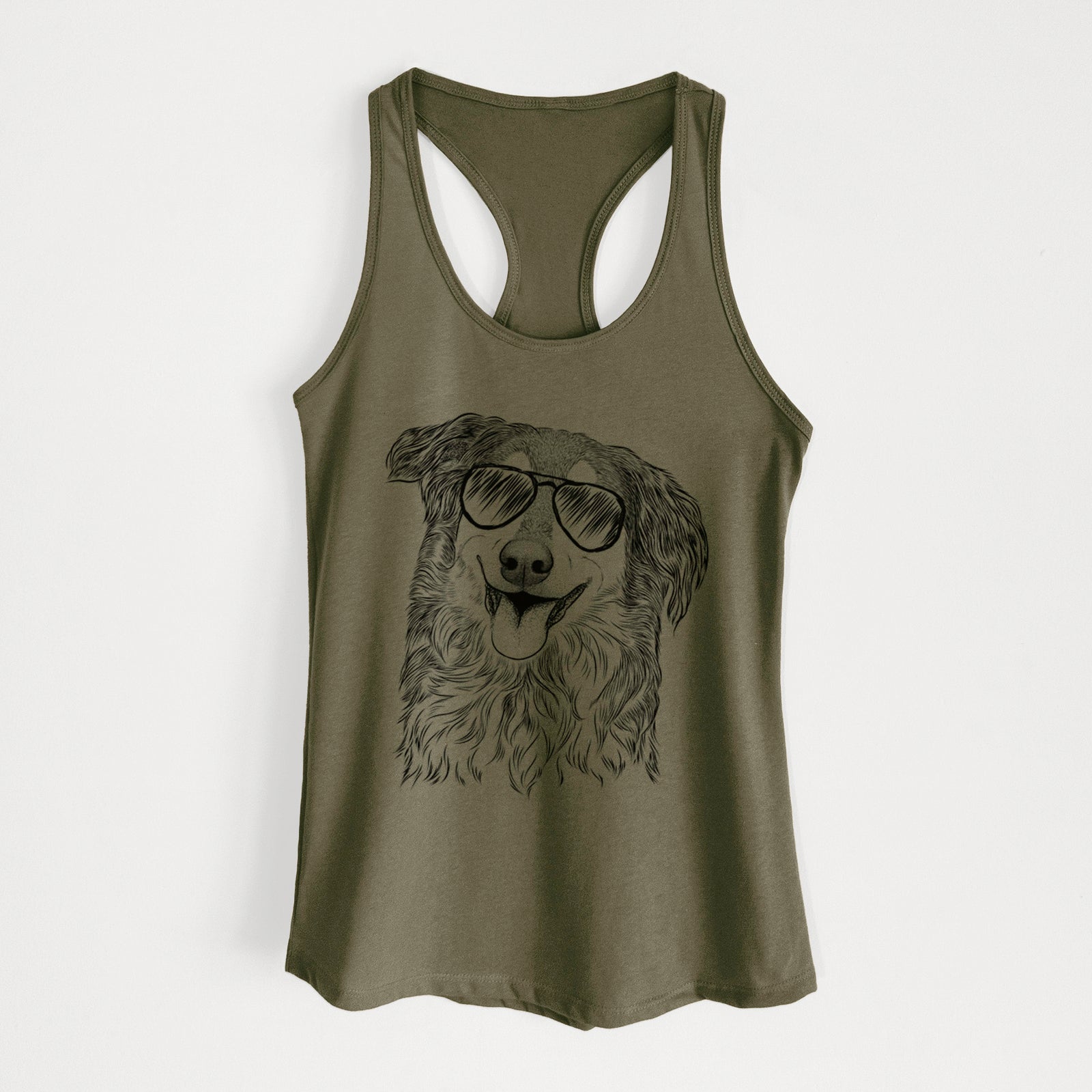 Hand-drawn sketch of Maddie the English Shepherd wearing aviator sunglasses on a Military Green Women's racerback tanktop
