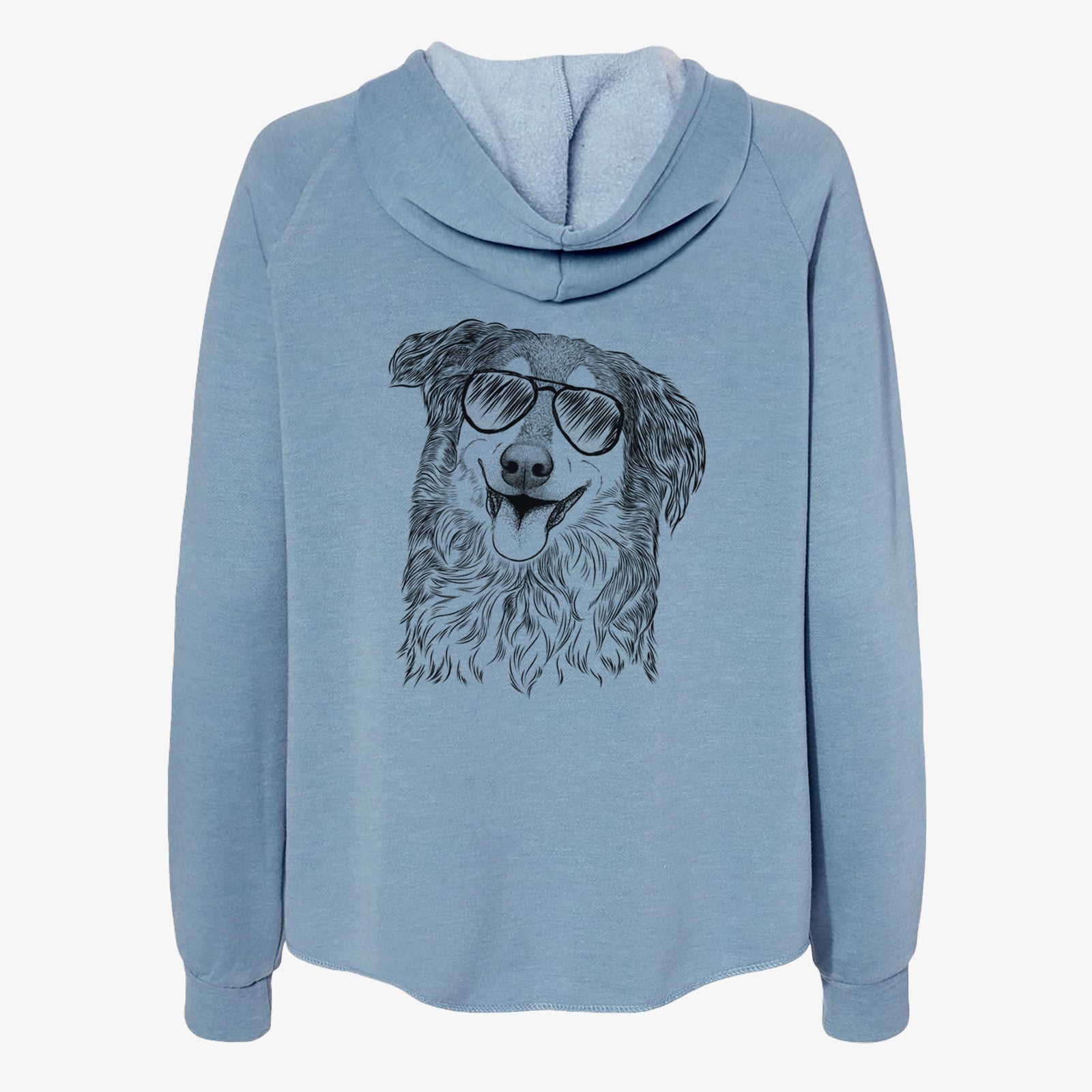 Hand-drawn sketch of Maddie the English Shepherd wearing aviator sunglasses on a Misty Blue Women's cali wave zip-up sweatshirt