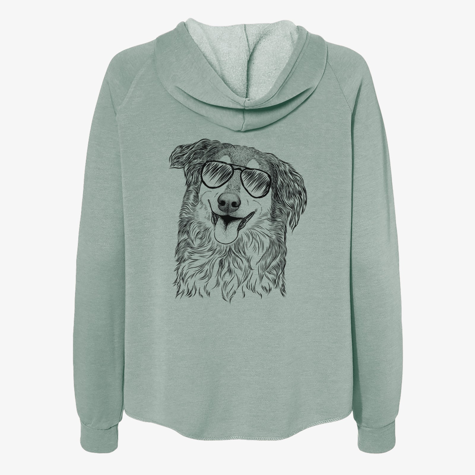Hand-drawn sketch of Maddie the English Shepherd wearing aviator sunglasses on a Sage Women's cali wave zip-up sweatshirt