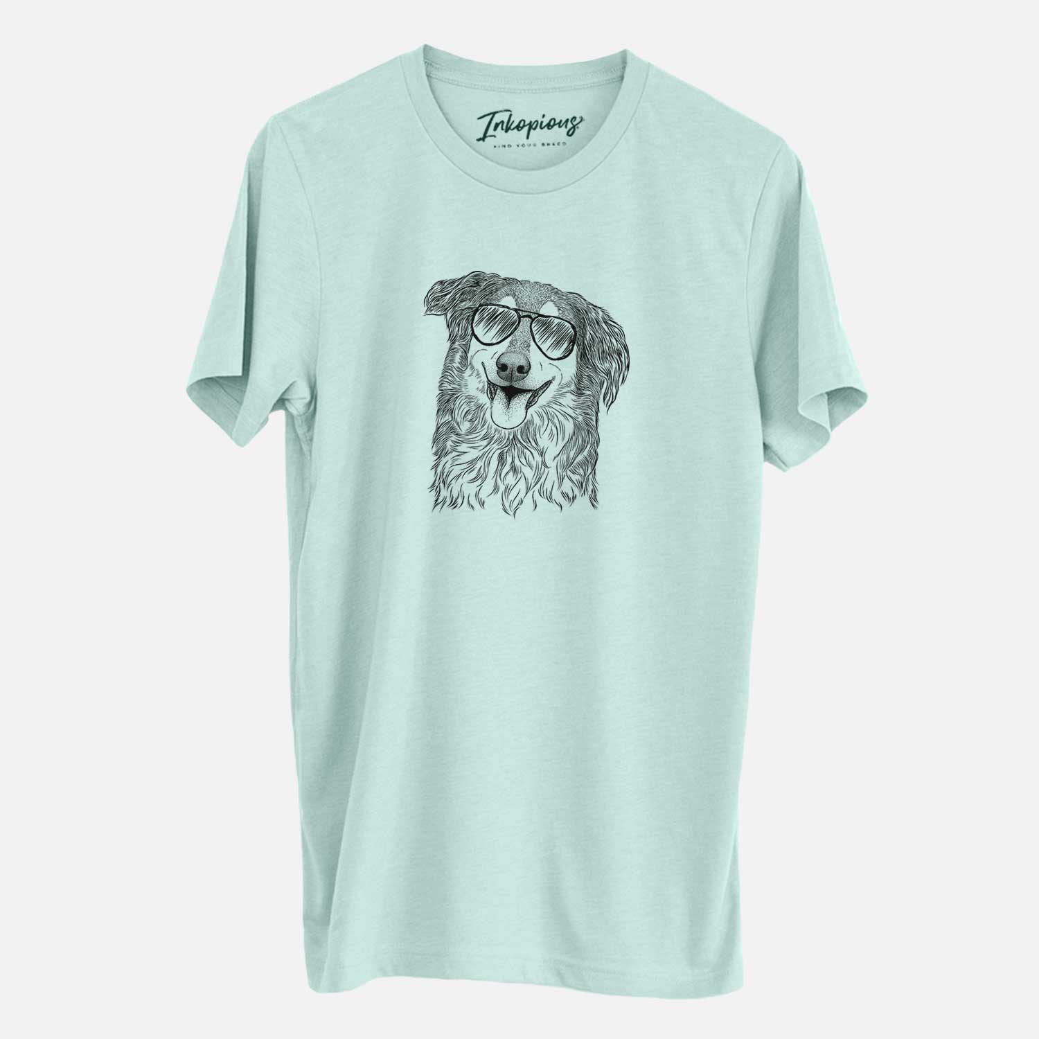 Hand-drawn sketch of Maddie the English Shepherd wearing aviator sunglasses on a Heather Sage Unisex crewneck