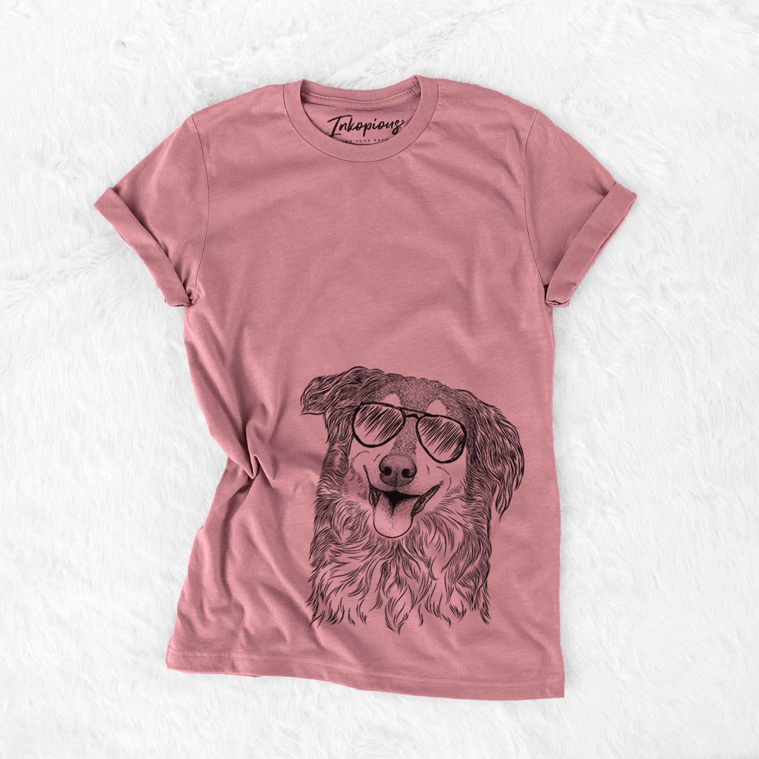 Hand-drawn sketch of Maddie the English Shepherd wearing aviator sunglasses on a Mauve Unisex crewneck