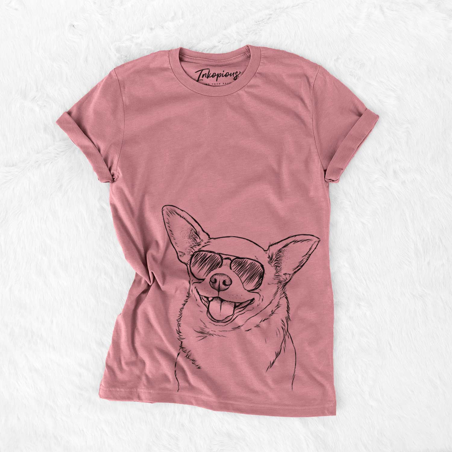 Hand-drawn sketch of Maddison Pearl the Chihuahua wearing aviator sunglasses on a Mauve Bella Canvas Unisex Crewneck
