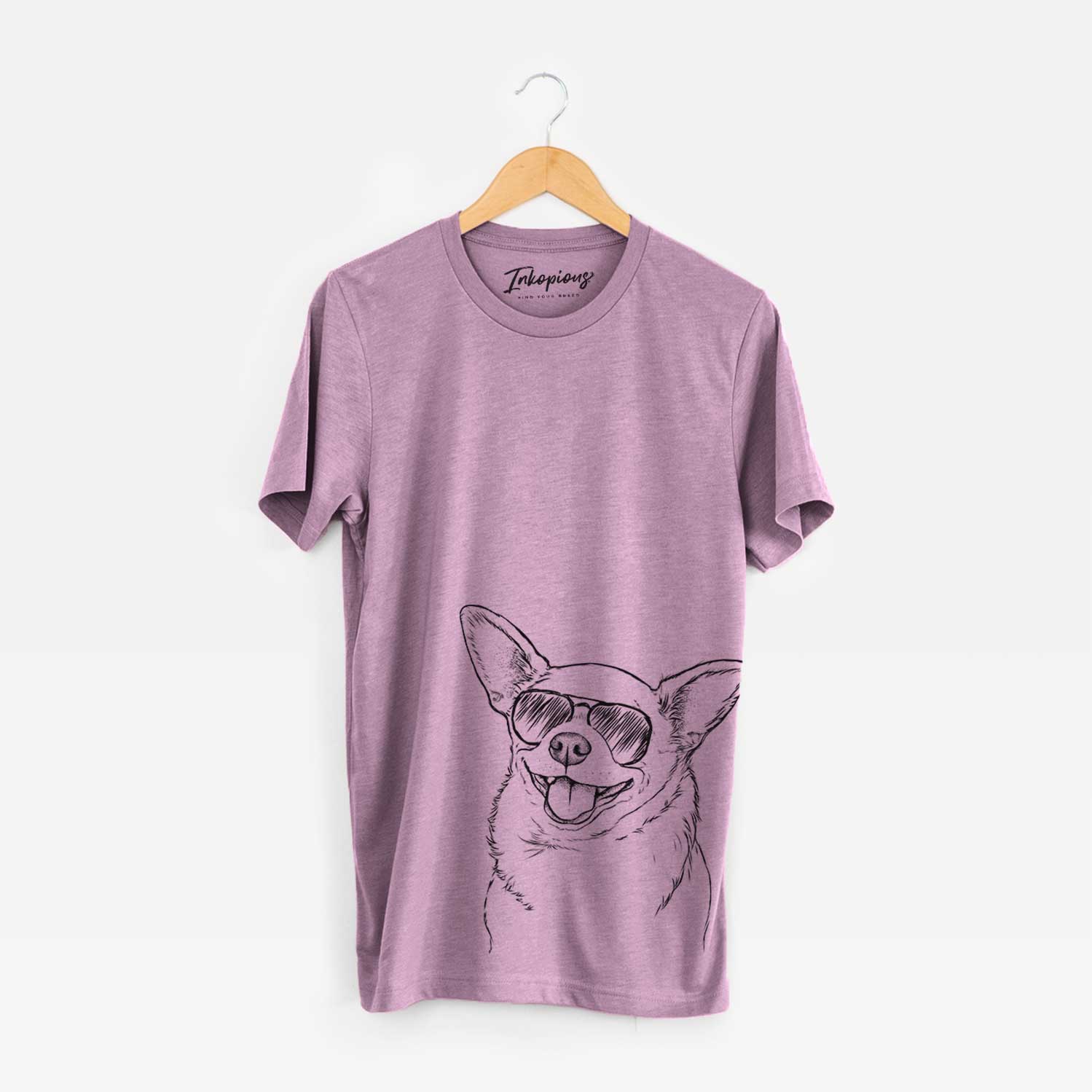 Hand-drawn sketch of Maddison Pearl the Chihuahua wearing aviator sunglasses on an Orchid Bella Canvas Unisex Crewneck