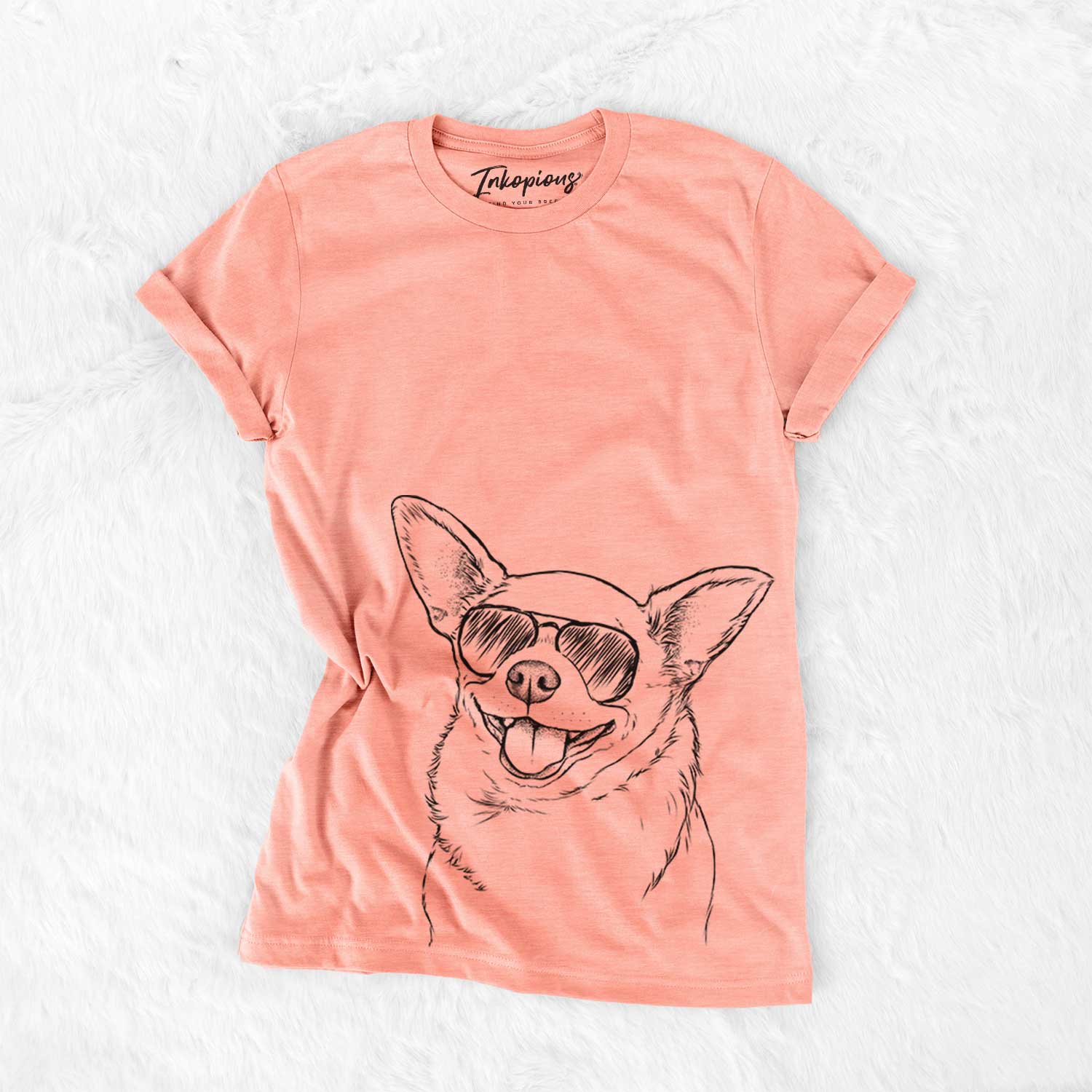 Hand-drawn sketch of Maddison Pearl the Chihuahua wearing aviator sunglasses on a Sunset Bella Canvas Unisex Crewneck