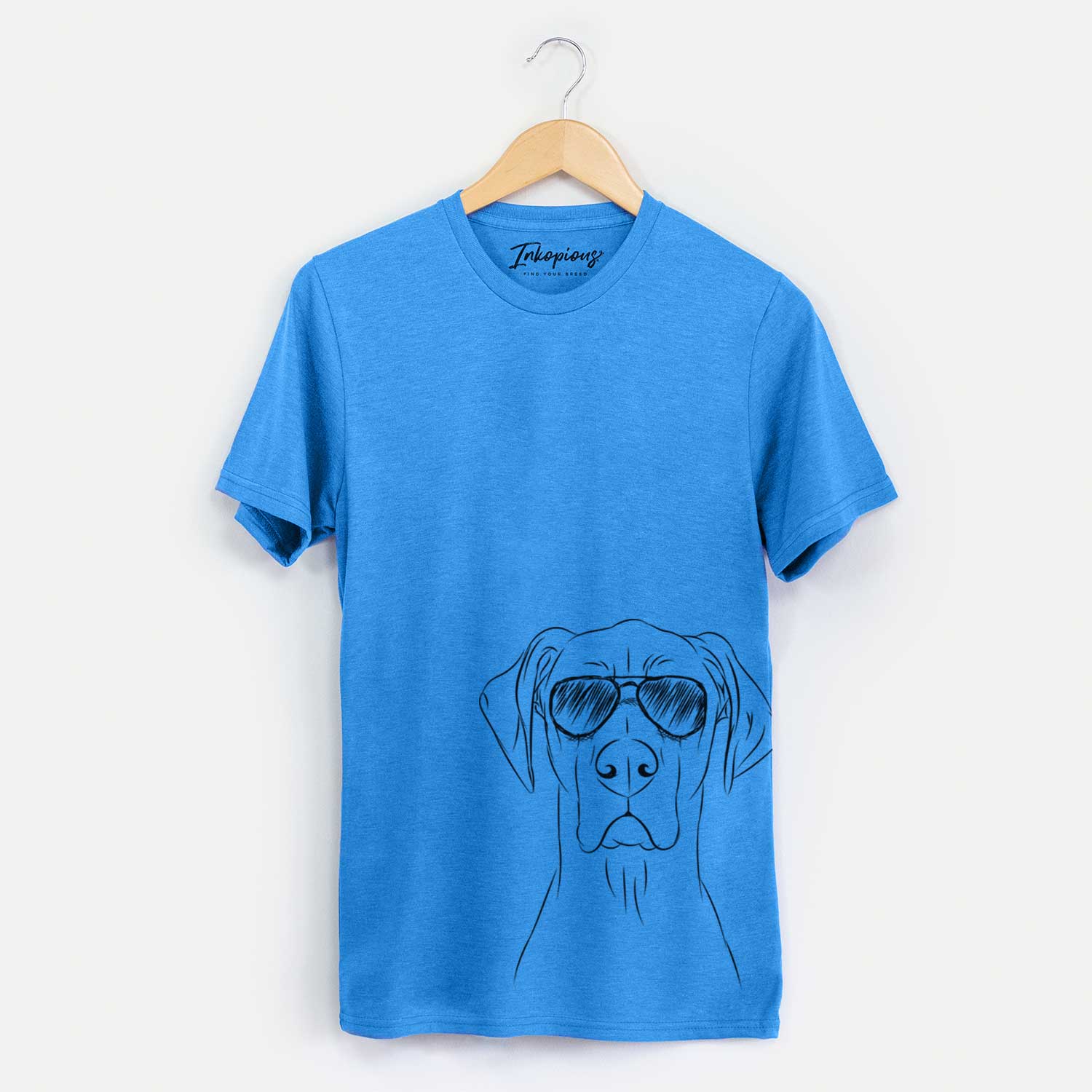 Hand-drawn sketch of Maddox the Great Dane wearing aviator sunglasses on a Blue Unisex crewneck