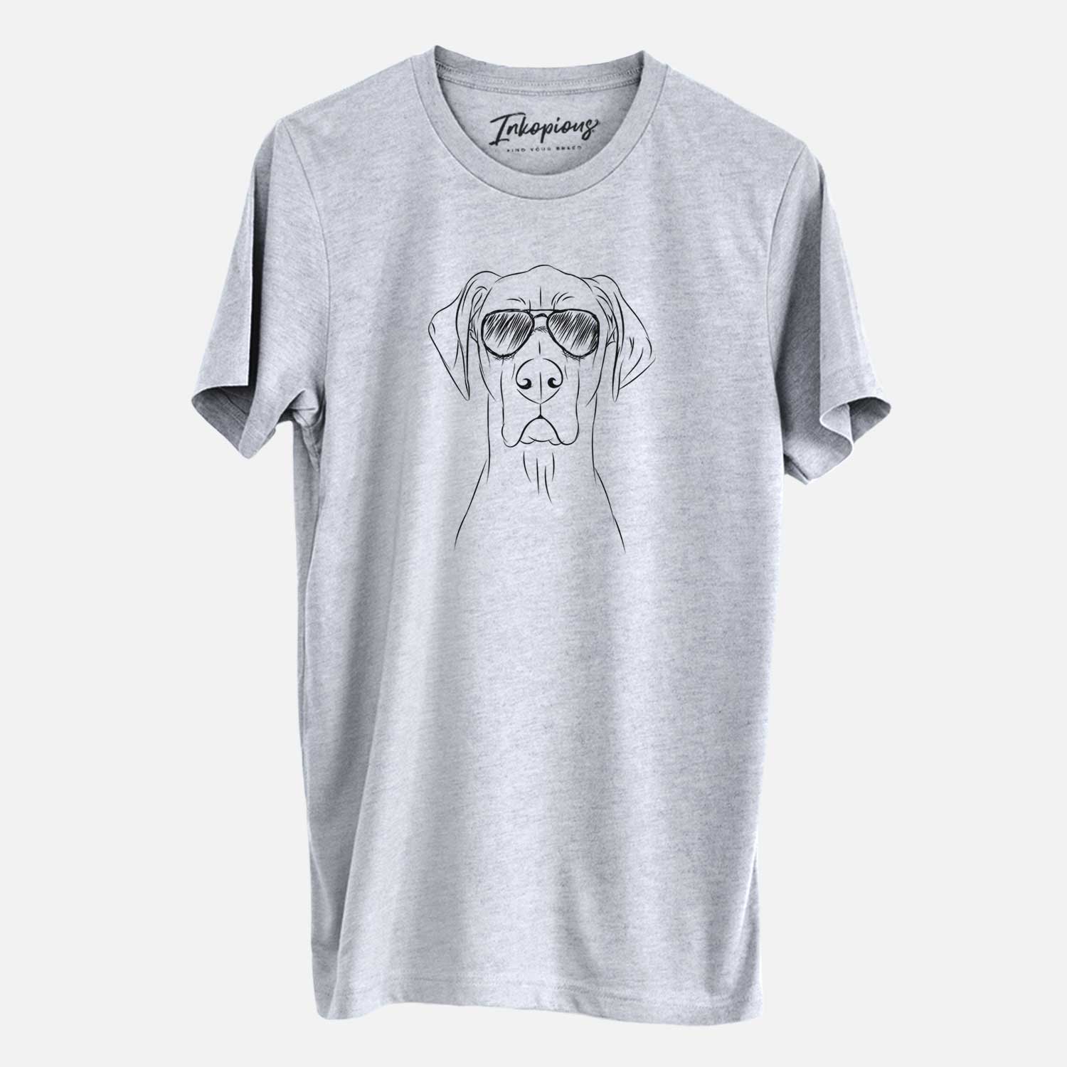 Hand-drawn sketch of Maddox the Great Dane wearing aviator sunglasses on a Grey Unisex crewneck