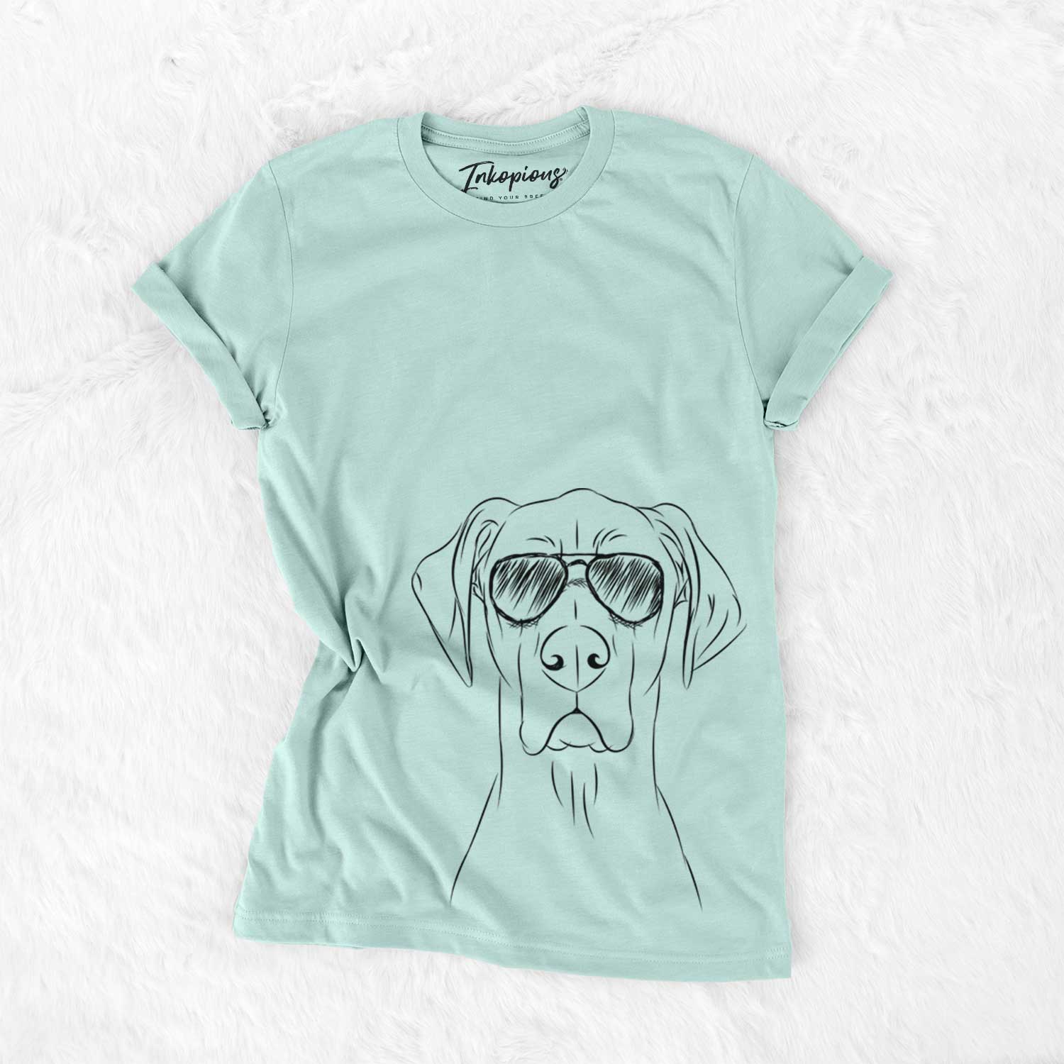 Hand-drawn sketch of Maddox the Great Dane wearing aviator sunglasses on a Heather Sage Unisex crewneck