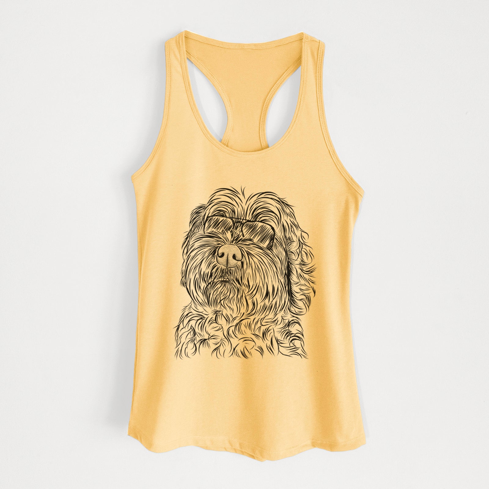 Hand-drawn sketch of Maggie Girl the Cockapoo wearing aviator sunglasses on a Banana Cream Women's racerback tanktop