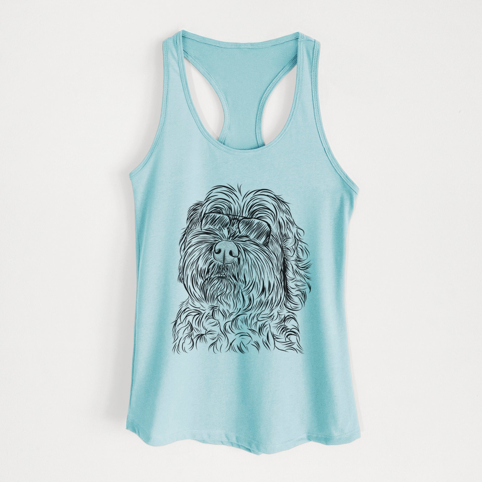 Hand-drawn sketch of Maggie Girl the Cockapoo wearing aviator sunglasses on a Cancun Blue Women's racerback tanktop