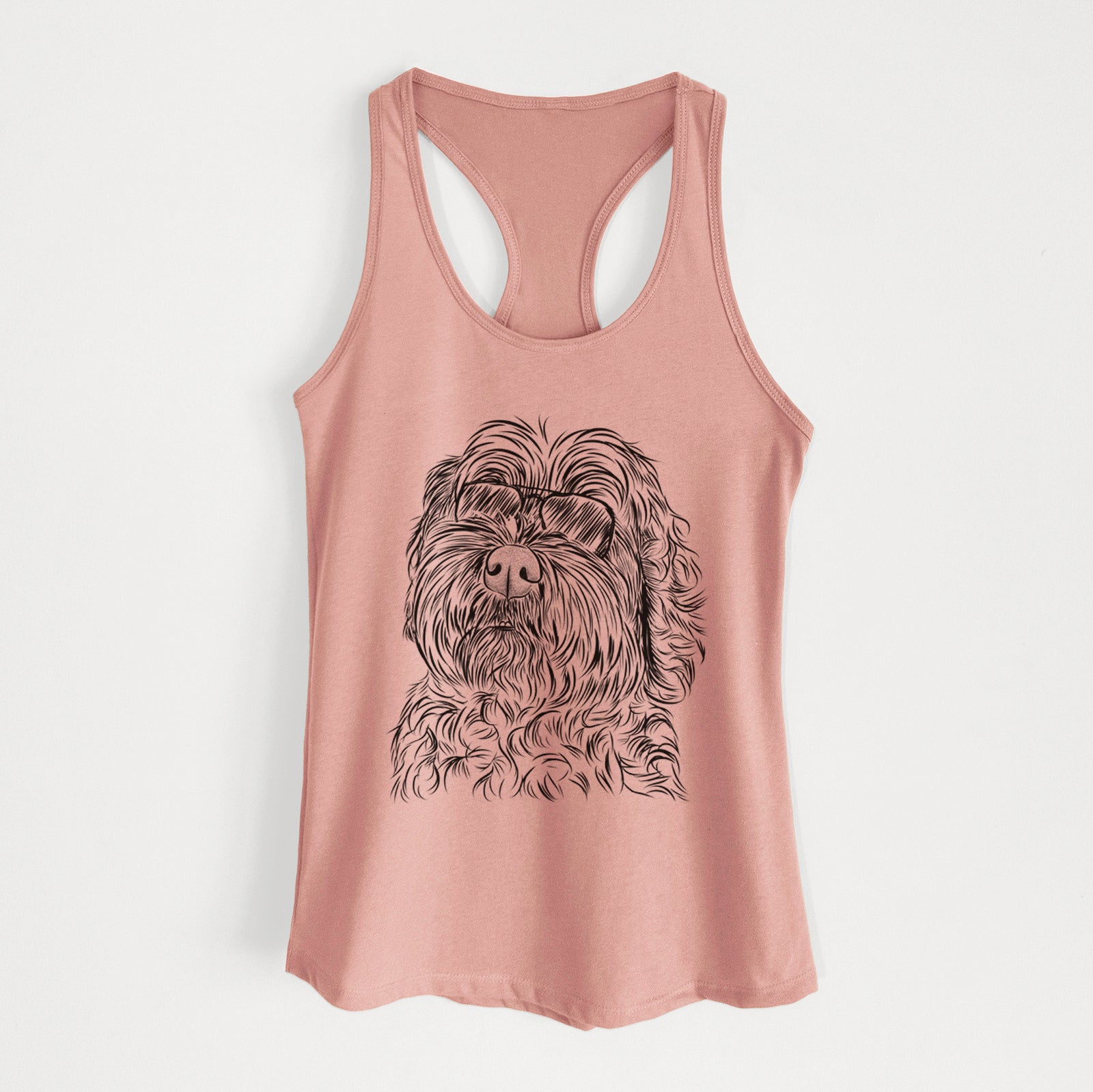 Hand-drawn sketch of Maggie Girl the Cockapoo wearing aviator sunglasses on a Desert Pink Women's racerback tanktop