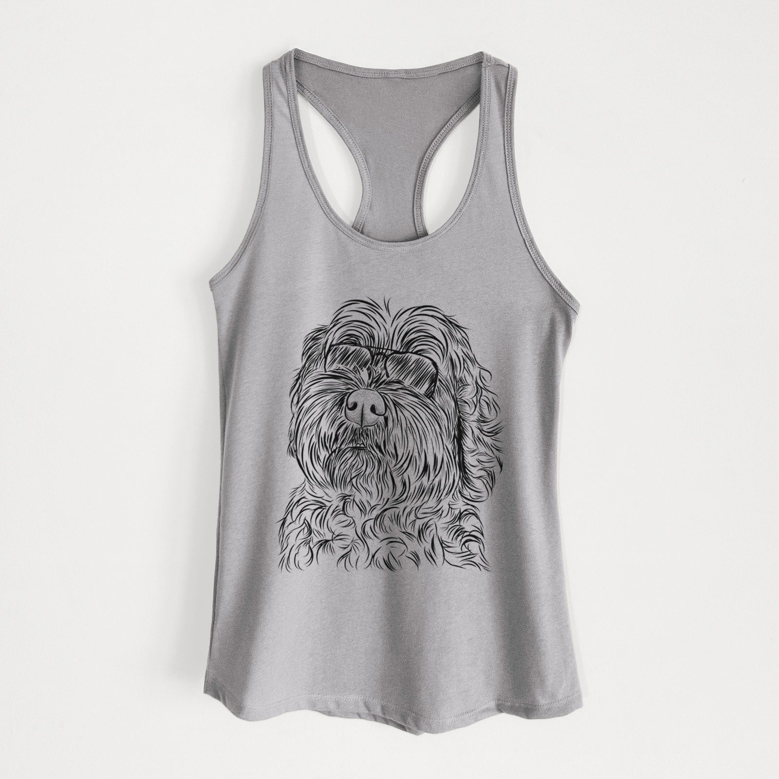 Hand-drawn sketch of Maggie Girl the Cockapoo wearing aviator sunglasses on a Heather Grey Women's racerback tanktop