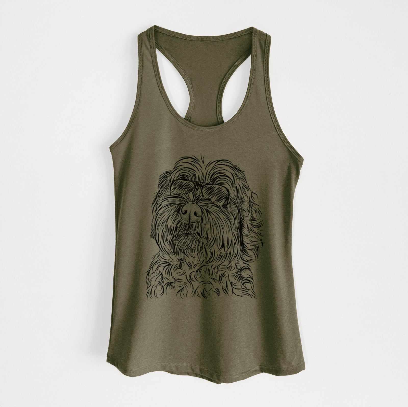 Hand-drawn sketch of Maggie Girl the Cockapoo wearing aviator sunglasses on a Military Green Women's racerback tanktop