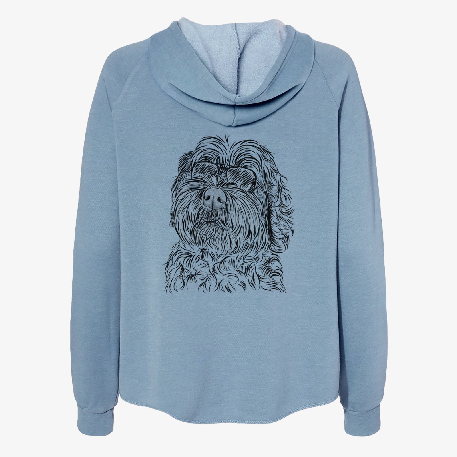 Hand-drawn sketch of Maggie Girl the Cockapoo wearing aviator sunglasses on a Misty Blue Women's cali wave zip-up sweatshirt