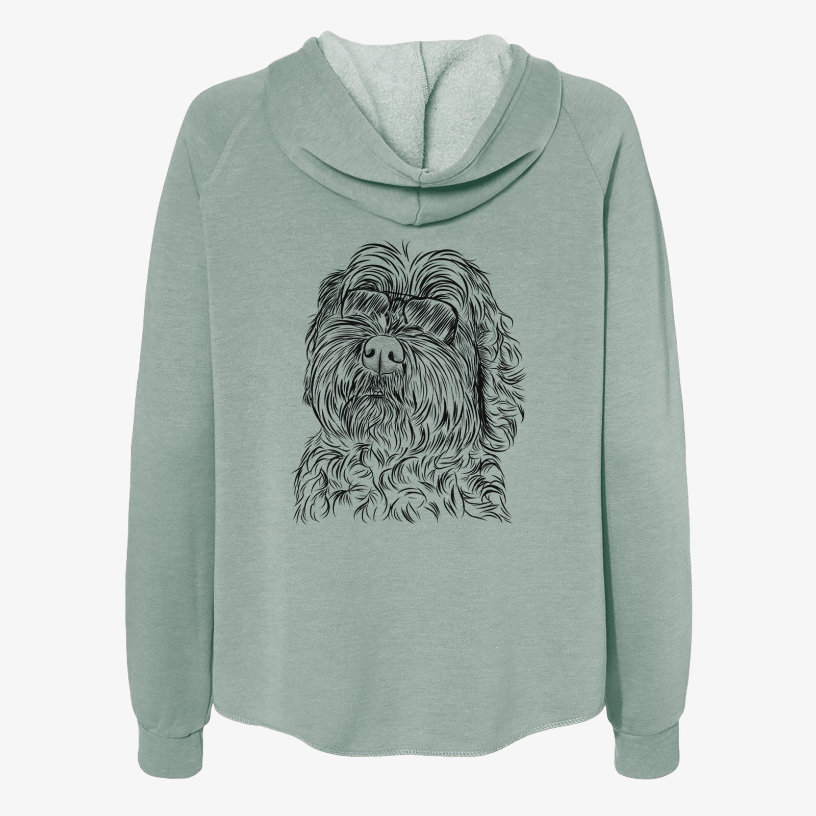 Hand-drawn sketch of Maggie Girl the Cockapoo wearing aviator sunglasses on a Sage Women's cali wave zip-up sweatshirt
