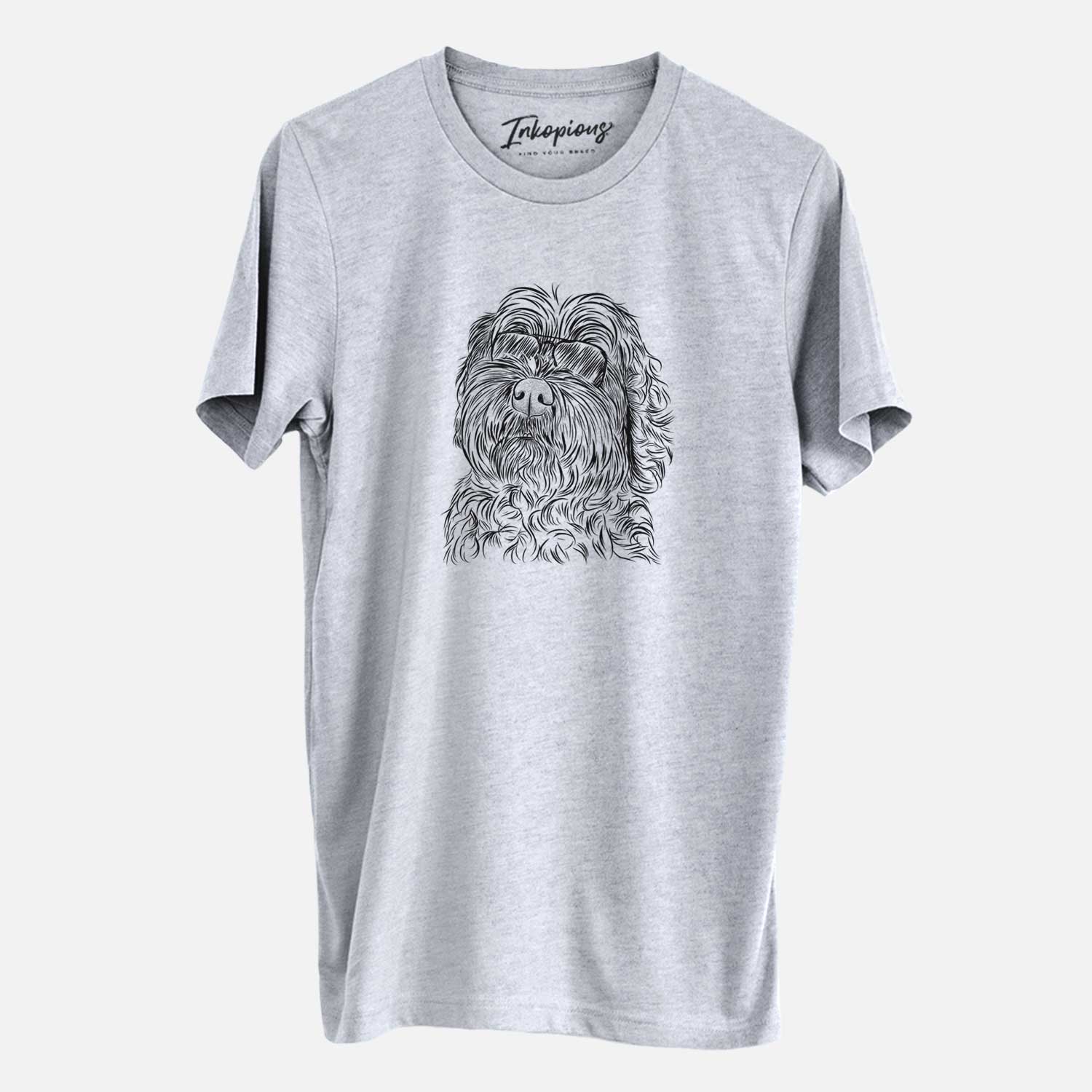 Hand-drawn sketch of Maggie Girl the Cockapoo wearing aviator sunglasses on a Grey Unisex crewneck