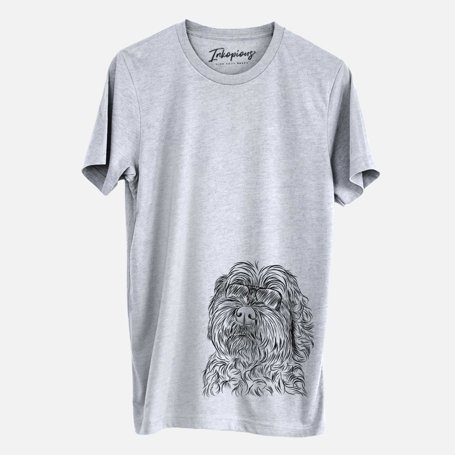 Hand-drawn sketch of Maggie Girl the Cockapoo wearing aviator sunglasses on a Grey Unisex crewneck