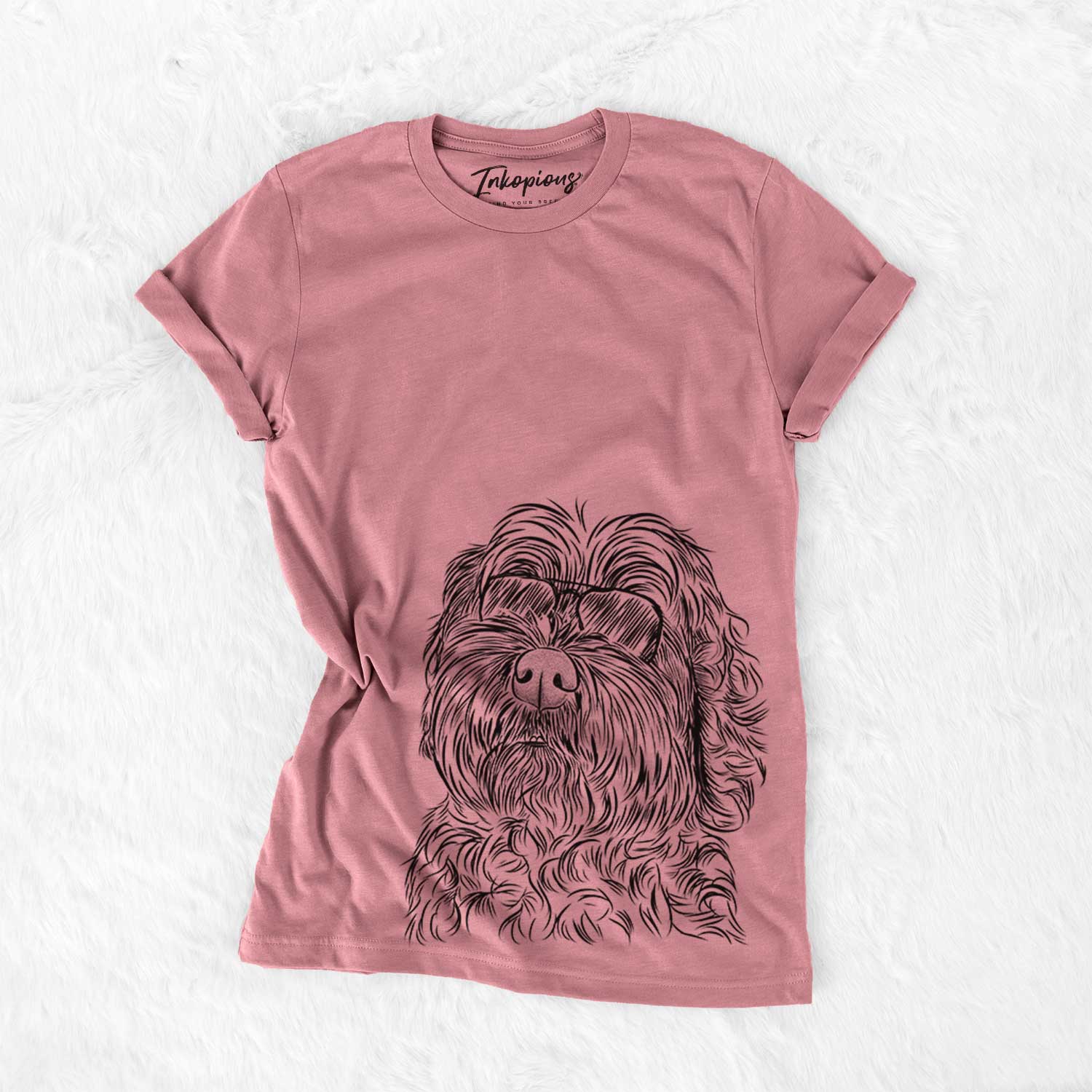 Hand-drawn sketch of Maggie Girl the Cockapoo wearing aviator sunglasses on a Mauve Bella Canvas Unisex Crewneck