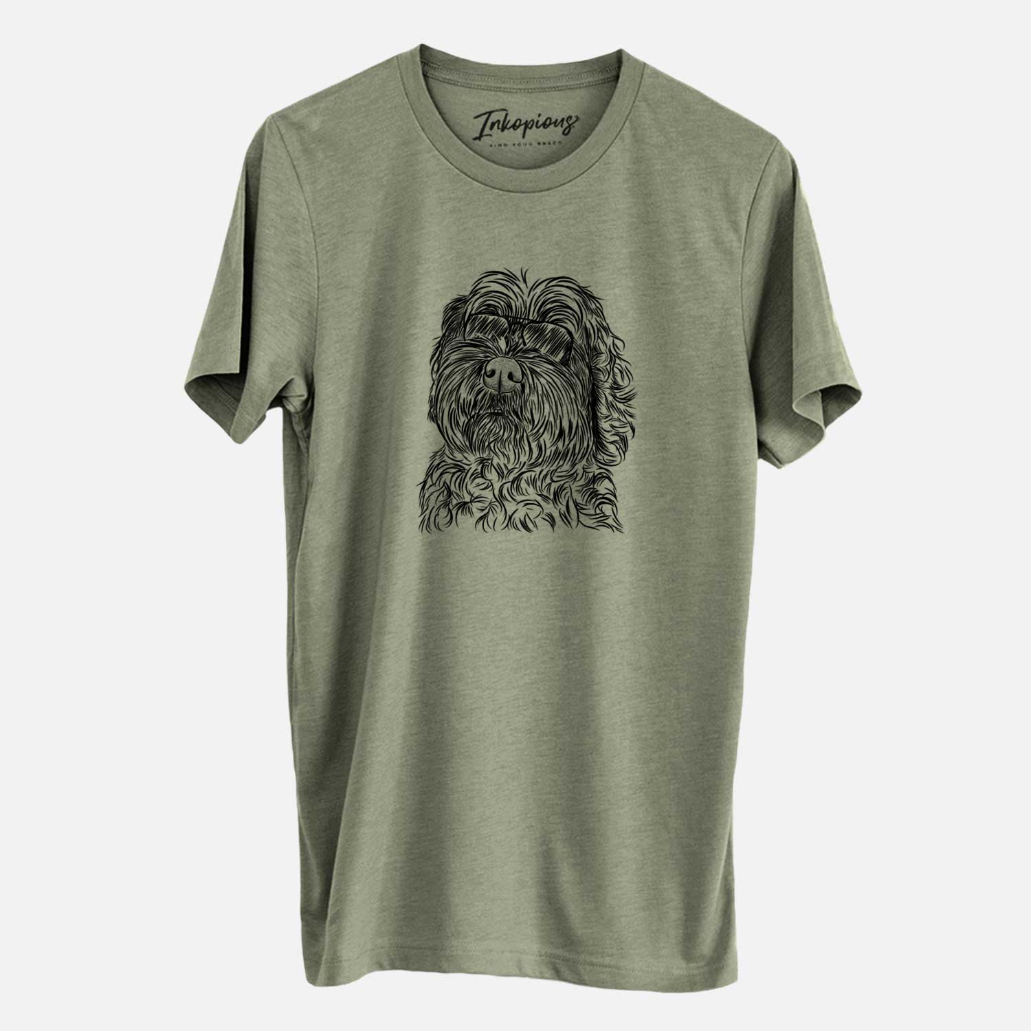 Hand-drawn sketch of Maggie Girl the Cockapoo wearing aviator sunglasses on an Olive Unisex crewneck